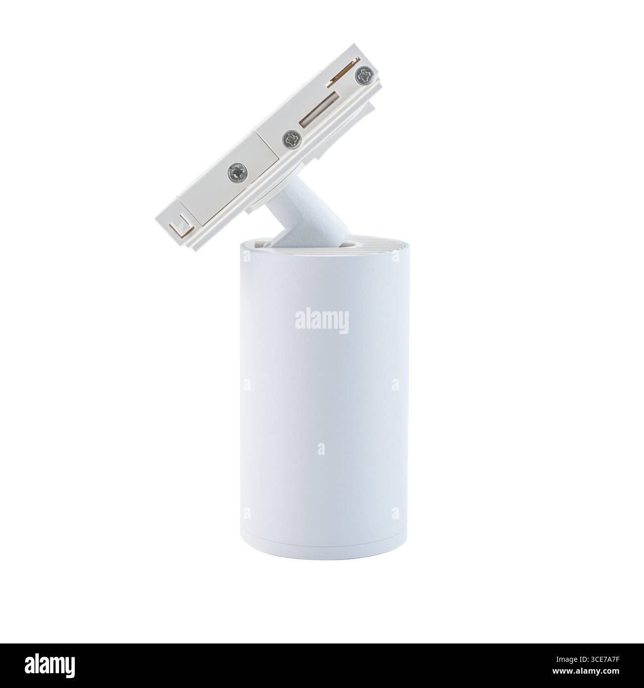 Weiße einphasige Schienenleuchte für GU10-Lampe, isoliert auf weißem Hintergrund, modernes und anpassbares Design für vielseitige Innenbeleuchtung. Stockfoto