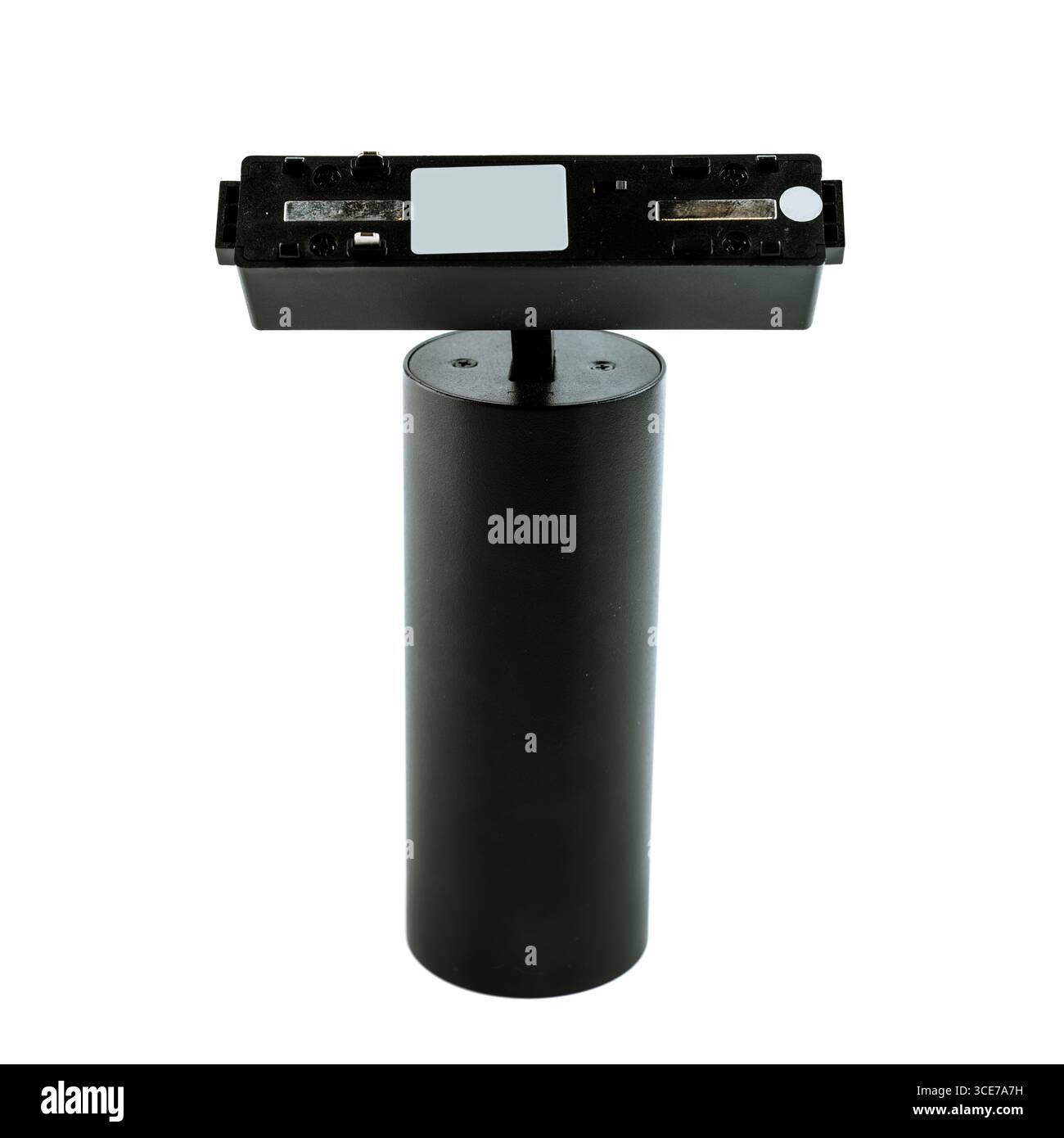 Schwarzer Magnetspurstrahler 24 W LED mit intelligenter Dimmung, 48 V, isoliert auf weißem Hintergrund, moderne, einstellbare Innenbeleuchtung. Stockfoto