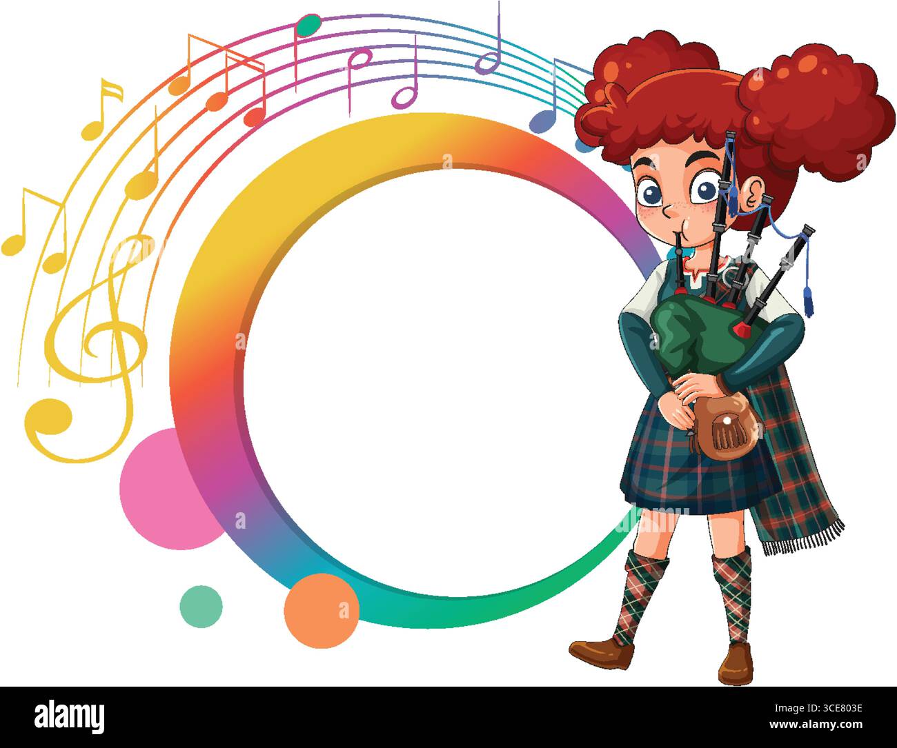 Das rothaarige Mädchen in traditioneller schottischer Kleidung spielt Dudelsack neben einem Regenbogenkreis und lebendige Musiknoten im Cartoon-Vektor-Stil Stock Vektor