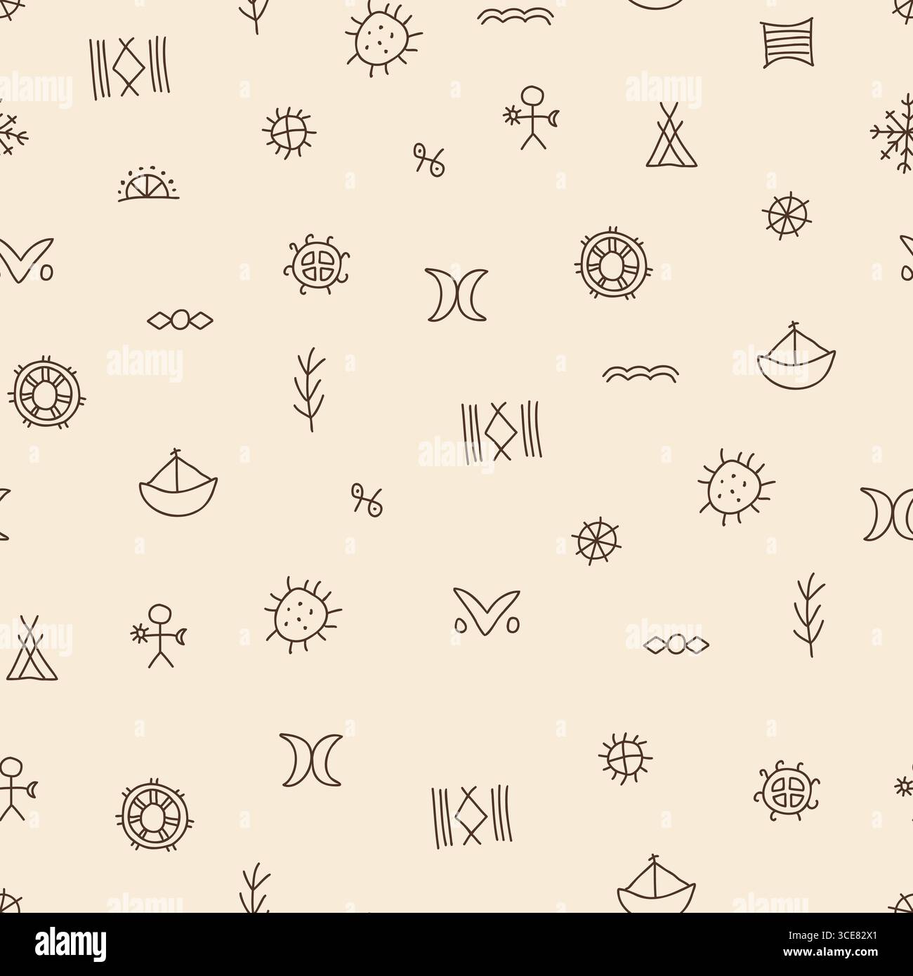 Nahtloses Samivolk-Symbol-Muster in minimalistischer brauner Linie auf Beige Stock Vektor