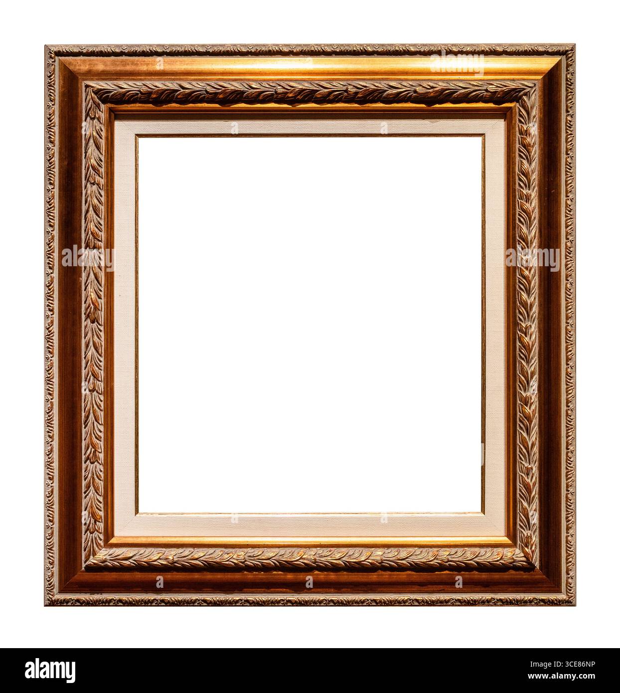 Dunkler goldener, breiter Bilderrahmen auf weißem Hintergrund Stockfoto