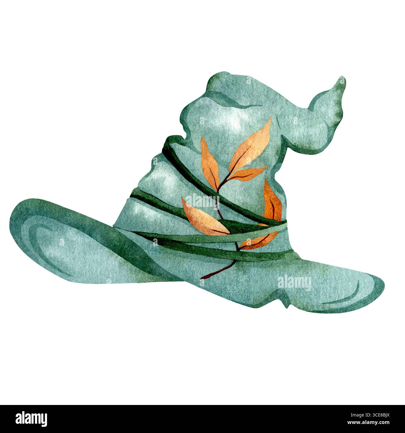 Einzelnes Symbol des Hexenhutes mit Blättern auf weißem Hintergrund. Aquarell gemalt. Halloween-Motiv Stockfoto