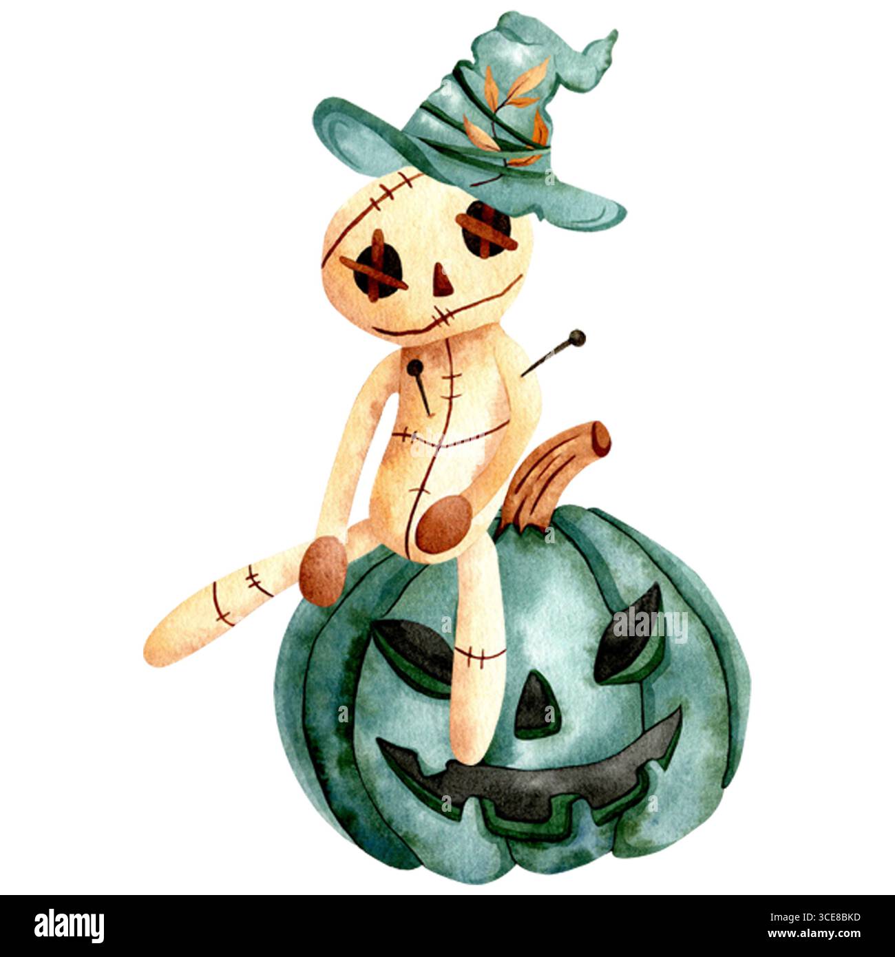 Halloween-Kürbis mit einer Voodoo-Puppe, die mit einem Hexenhut auf dem Kopf sitzt. Isoliertes Aquarellsymbol auf weißem Hintergrund. Halloween-Thema. Stockfoto