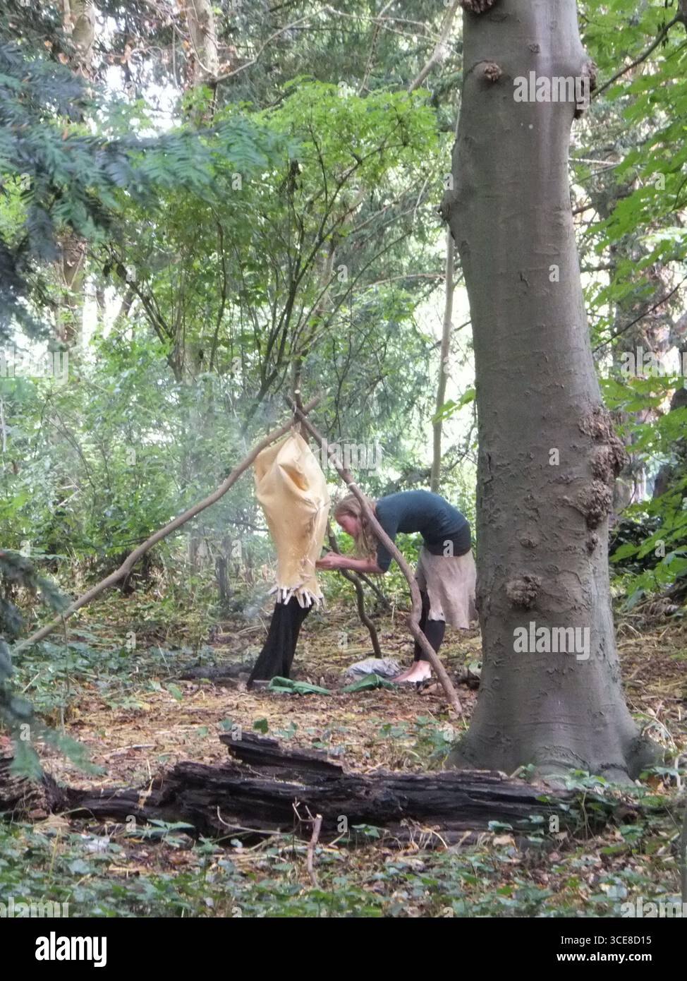 Eine junge Dame kümmert sich darum, dass eine Tierhaut über einem Holzfeuer im Wald in Somerset geraucht wird. Diese alte Methode des Bräunens erreicht ein geschmeidiges Endurabel Stockfoto