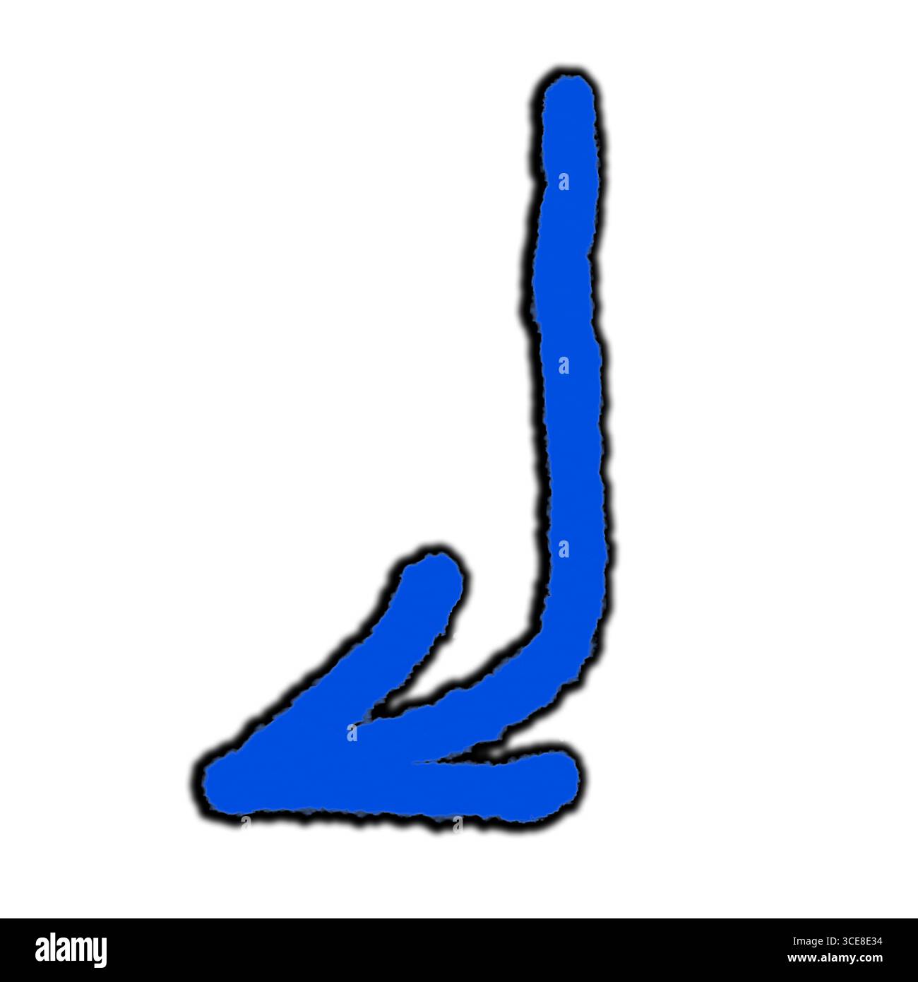 Blaue Pfeilskizze mit Schatten. Linie und Symbol im handgezeichneten Stil. Vektorillustration, flache Ausführung. Doodle-Illustration auf einem isolierten Hintergrund. Stockfoto