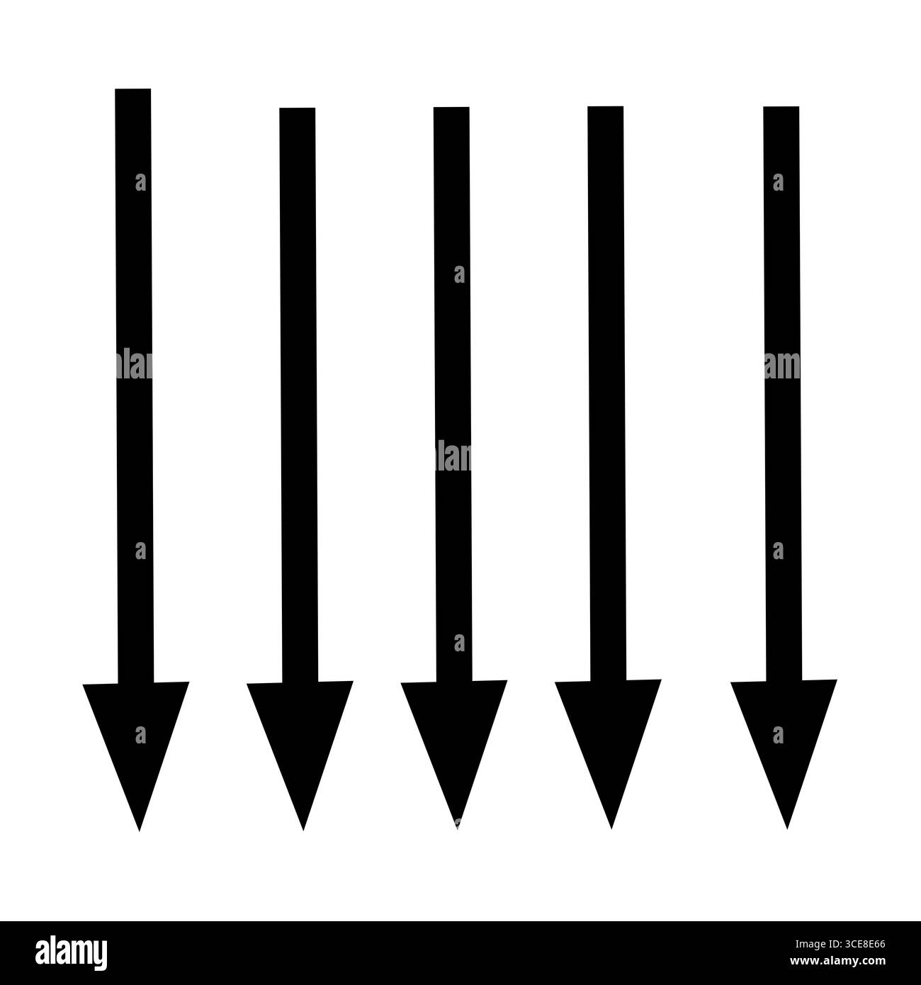 Satz handgezeichneter schwarzer Pfeile mit einfachen Linien nach unten. Symbolgruppe für linearen Pfeil. Vektorillustration, flache Ausführung. Isolierte Abbildung. Stockfoto