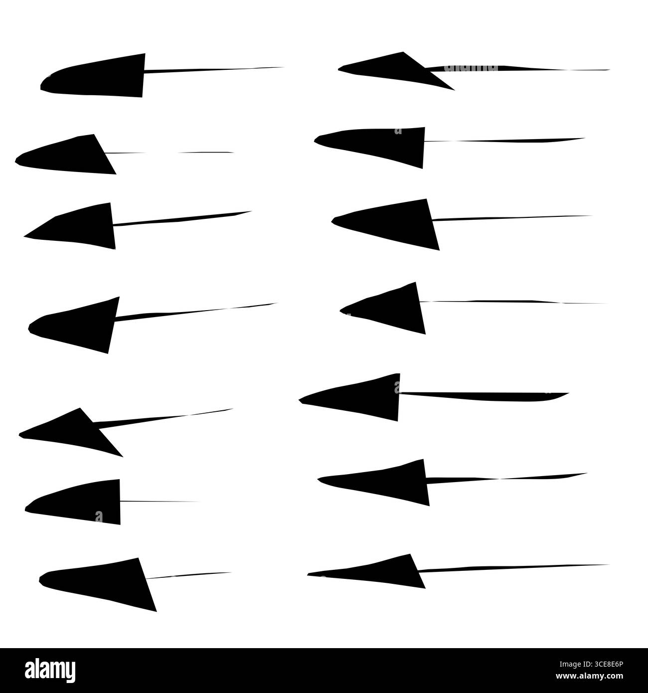 Satz handgezeichneter schwarzer Pfeile mit einfachen seitlich zeigenden Linien. Symbolgruppe für linearen Pfeil. Vektorillustration, flache Ausführung. Isolierte Abbildung. Stockfoto
