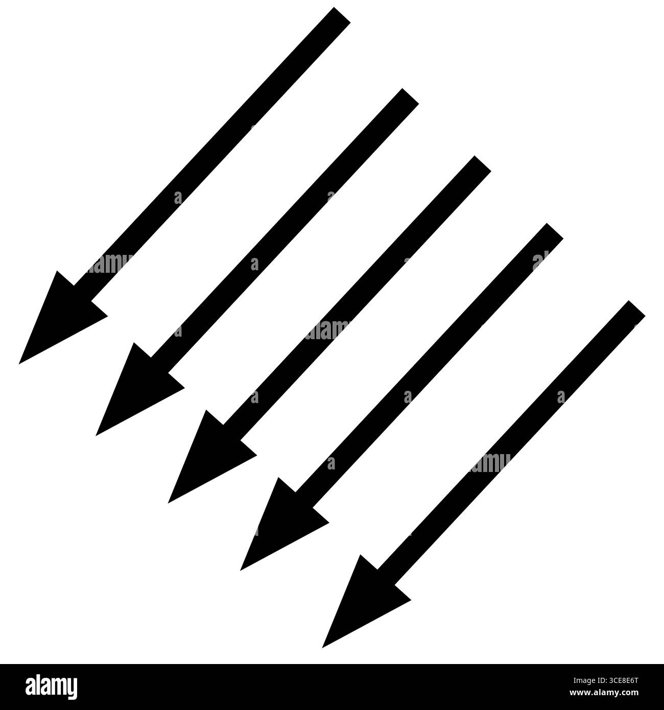 Satz handgezeichneter schwarzer Pfeile mit einfachen Linien nach unten. Symbolgruppe für linearen Pfeil. Vektorillustration, flache Ausführung. Isolierte Abbildung. Stockfoto