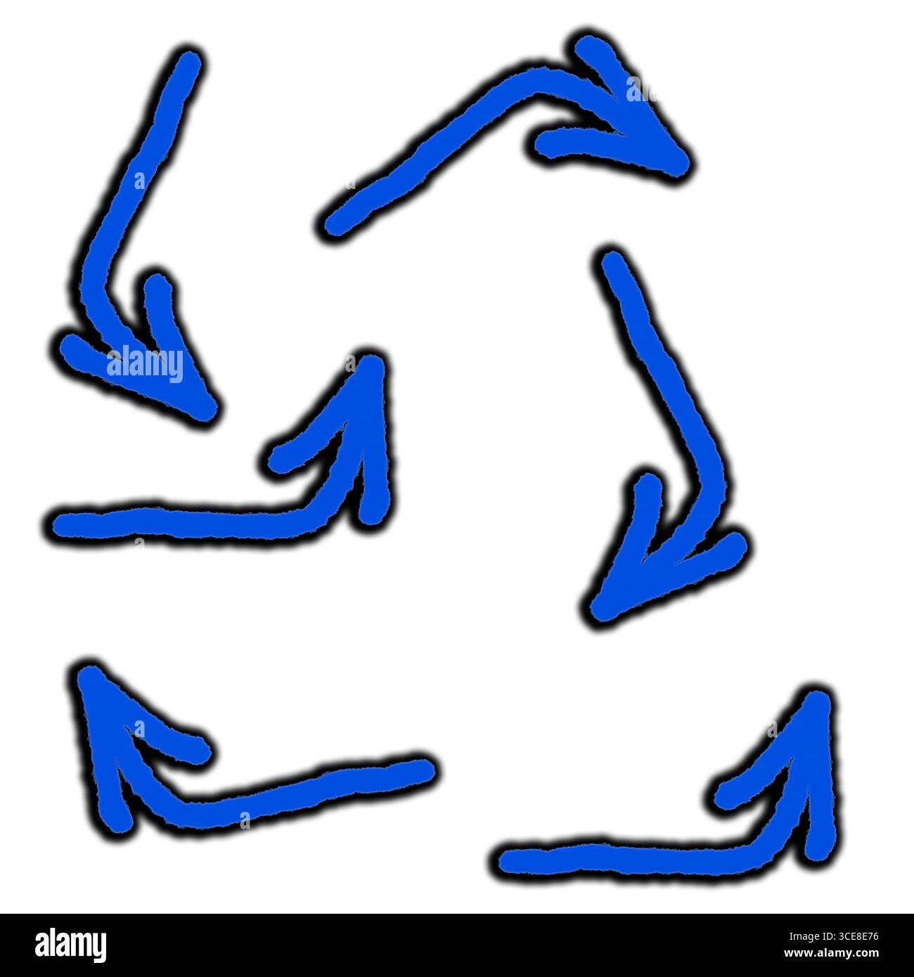 Satz handgezeichneter blauer Pfeile mit schwarzen Schatten, einfache Linien, die in verschiedene Richtungen zeigen. Sammlung von Symbolen für lineare Pfeile. Vektorabbildung Stockfoto