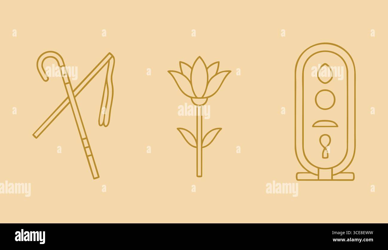 Auf einer sandigen Pergamentplatte erscheint drei zeremonielle und botanische Embleme mit einem königlichen Namensrahmen. Stock Vektor