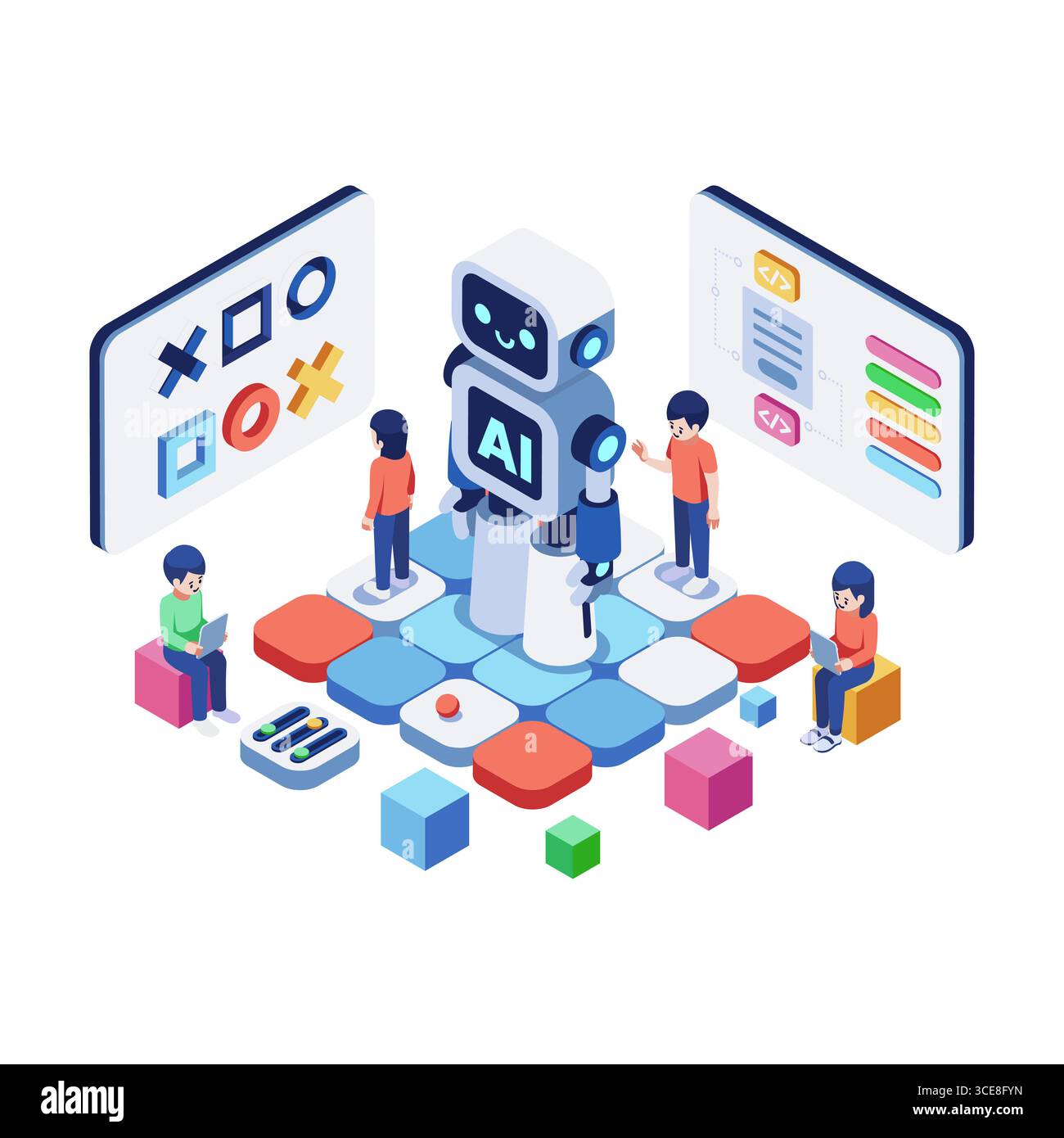 Isometrische KI und logisches Denken für Kinder. Logisches Denken Bildung und KI für Kinder Stock Vektor