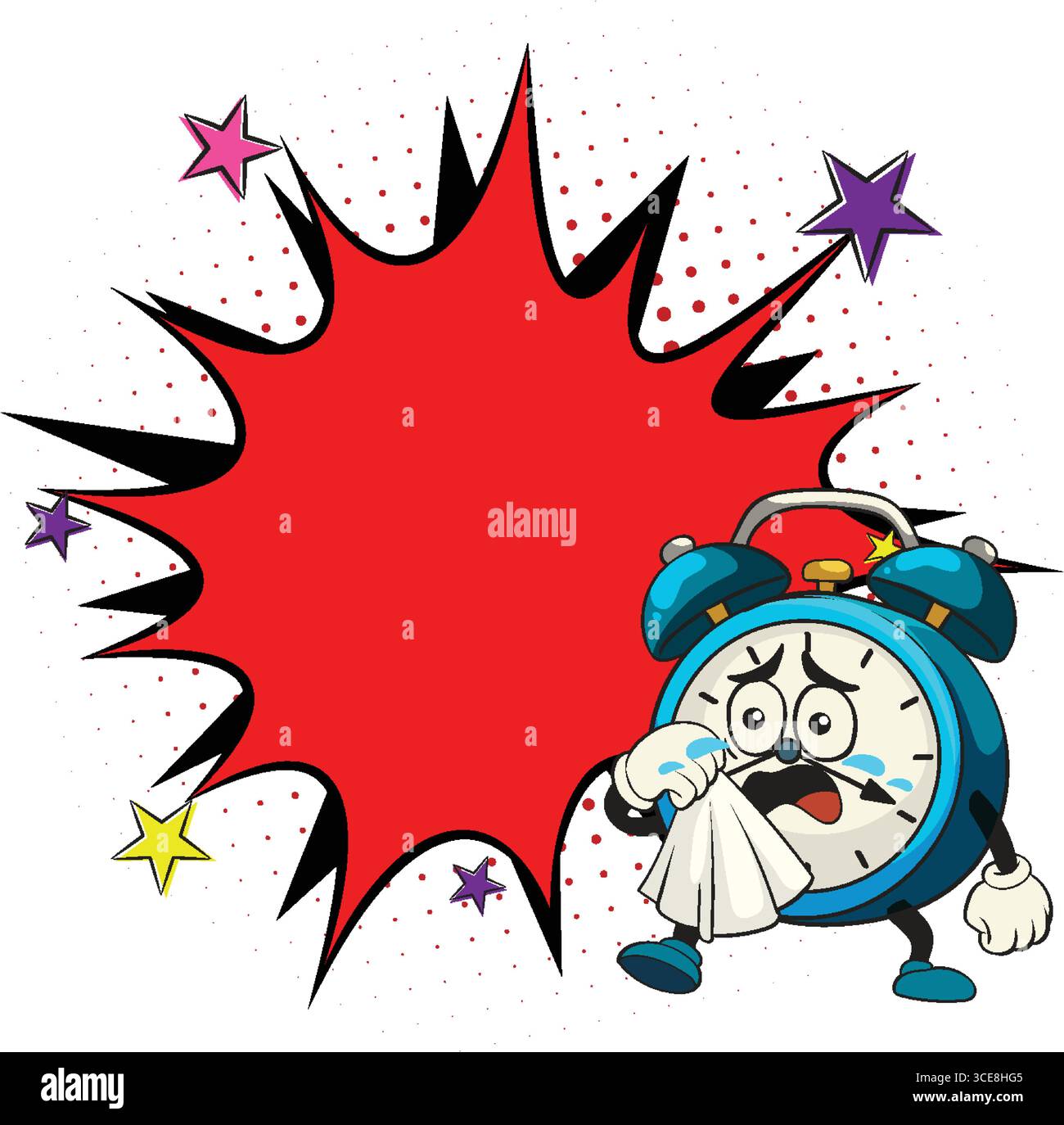 Vektor-Illustration eines traurigen Zeichentrickweckers, der Tränen abwischt, neben einer kühnen roten Comic-Sprechblase und bunten Sternen Stock Vektor