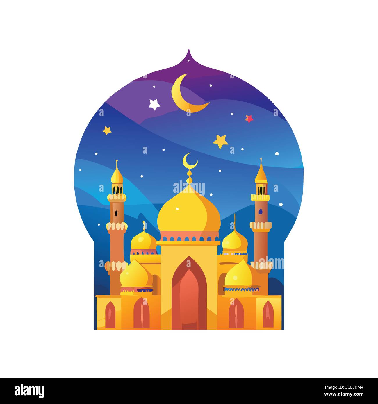 Wunderschöne Moschee Silhouette mit Sternenhimmel und Mondsichel Stock Vektor