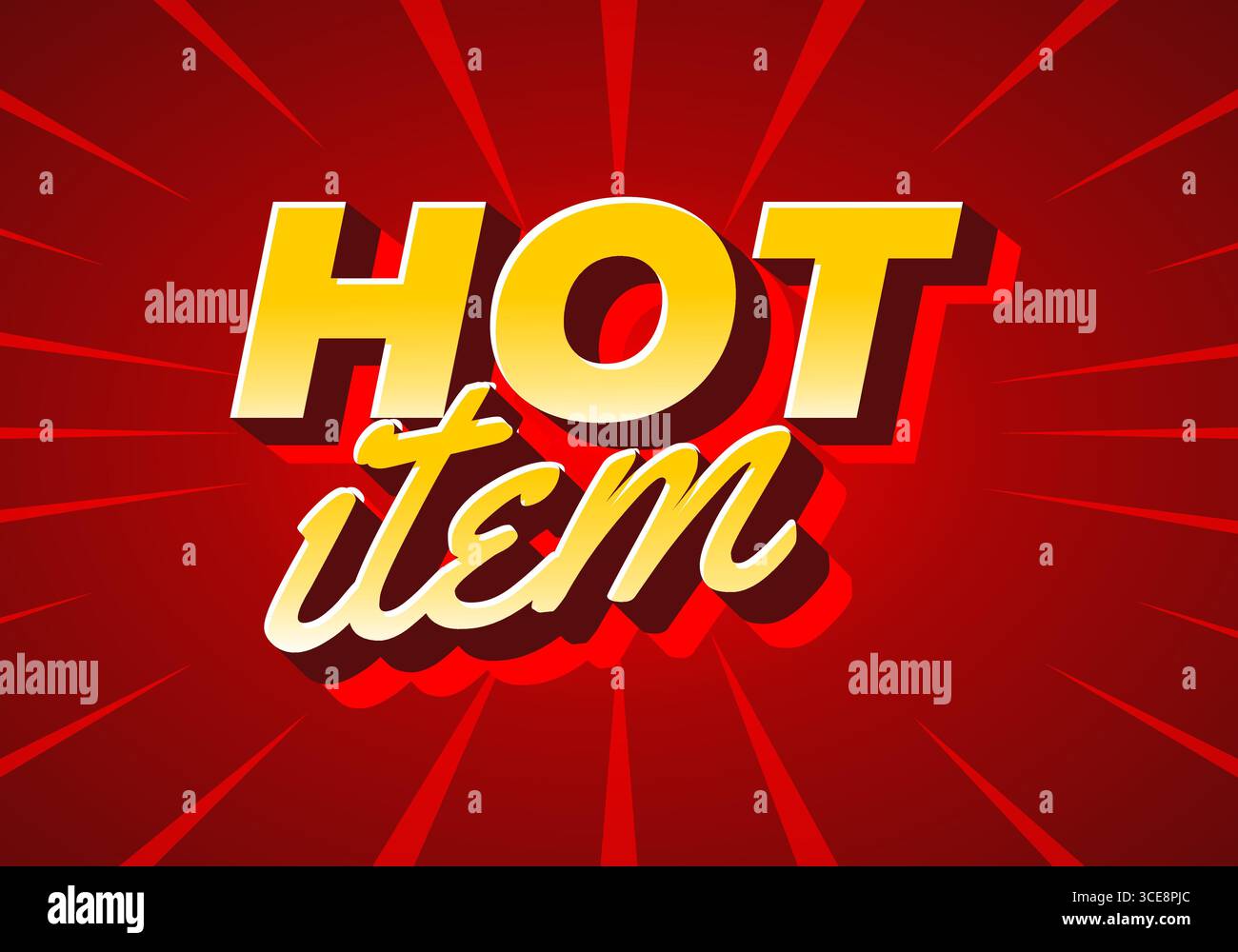 Eine lebendige Grafik mit den Worten HOT ITEM in auffälliger, stilisierter Typografie. Der Hintergrund ist ein markantes Rot mit strahlenden Linien, die einen Sinn o erzeugen Stock Vektor