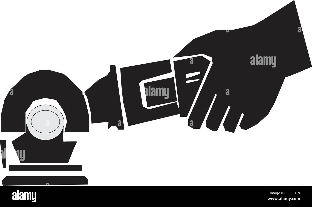 Eine schwarze Silhouette einer Hand, die eine Kreissäge hält und durch ein Material schneidet Stock Vektor