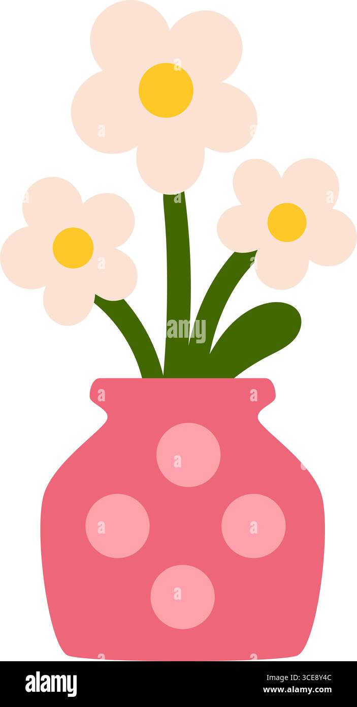 Rosafarbene Vase mit rosafarbenen Punkten und weißen Blumen. Dekorativer Blumenstrauß im flachen Cartoon-Stil. Isoliert. Stock-Vektor-Illustration in flacher Zeichentrickstil Stock Vektor