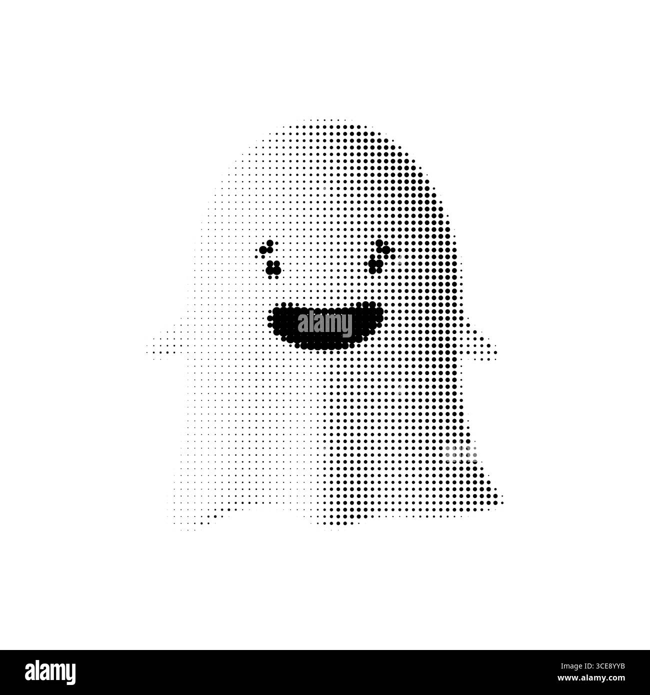 Glückliche Geistervektor-Illustration im Halbton-Schwarz-weiß-Stil. Niedliche lächelnde Zeichentrickfigur für Halloween. Isoliertes Design, perfekt für Kinder Stock Vektor