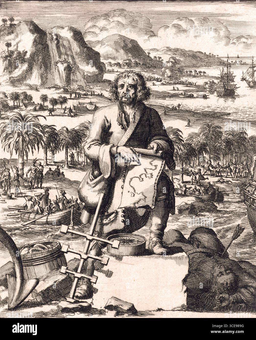 Mann, der auf eine Karte zeigt Jan Luyken, 1688 Mann, der auf eine Karte zeigt. Im Hintergrund ist die Küste Nordamerikas (Louisiana), an der französische Entdecker zuerst landeten. Im Hintergrund finden Schlachten mit der lokalen Bevölkerung statt, wahrscheinlich den Chickasaw. Stockfoto