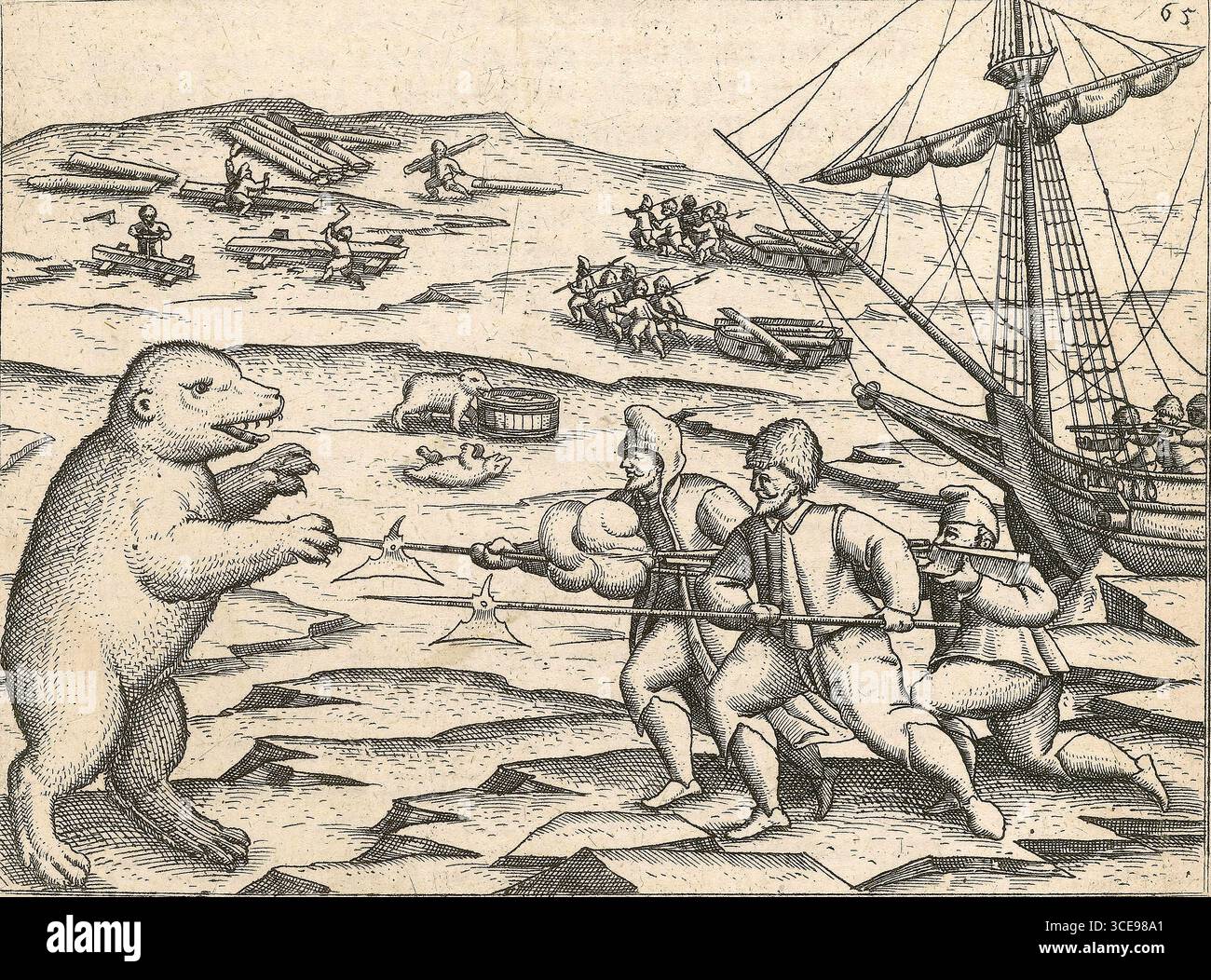 Die Crew kämpft gegen Eisbären in der Nähe des geerdeten Schiffes, 1596 im Vordergrund steht ein Eisbär, der auf seinen Hinterbeinen steht und drei Besatzungsmitglieder bekämpft, zwei mit einem Hellebarden und einer mit einer Muskete. Im Hintergrund befinden sich zwei Eisbären in der Nähe eines Fasses mit gesalzenem Fleisch, und Besatzungsmitglieder mit Schlitten ziehen Holz für den Bau des Hauses. Auf der rechten Seite ist das geerdete Schiff. Stockfoto