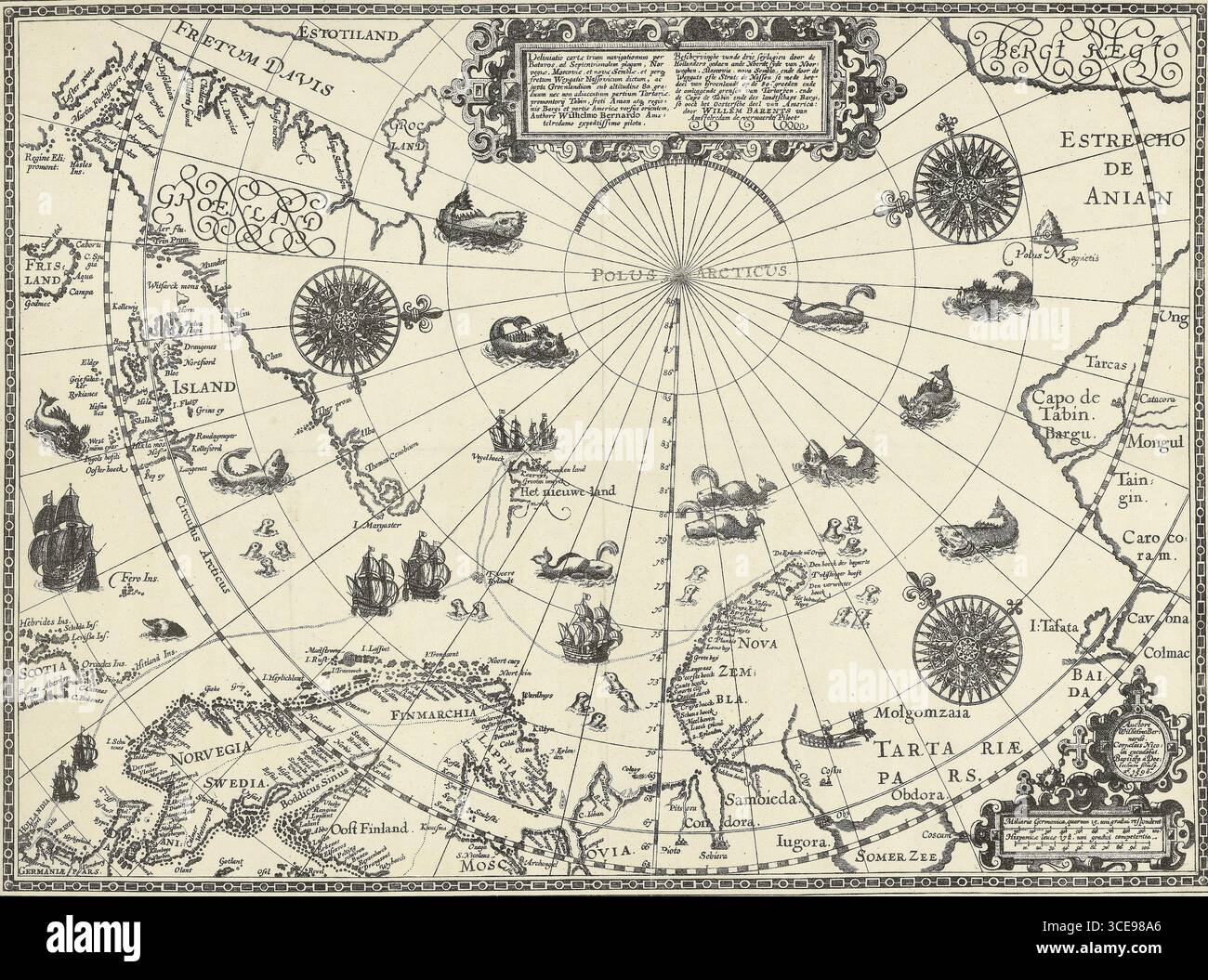 Karte der Länder rund um den Polarkreis mit den drei Reisen der Niederländer, 1598 Arnoldus Antonius Johannes Pistoor im Jahr 1878 Karte von Nordeuropa und die Länder um den Polarkreis mit den drei Reisen der Niederländer am Ende des 16. Jahrhunderts. Sie zeigt die Ostküste Kanadas, Grönlands, Islands, Nordskandinaviens, die Nordküste Russlands und Nowaja Semlja. Oben befindet sich eine Kartusche mit dem Titel in lateinischer und niederländischer Sprache, unten rechts befinden sich Skalen. Im Meer, Schiffe, Wale und Robben. Stockfoto