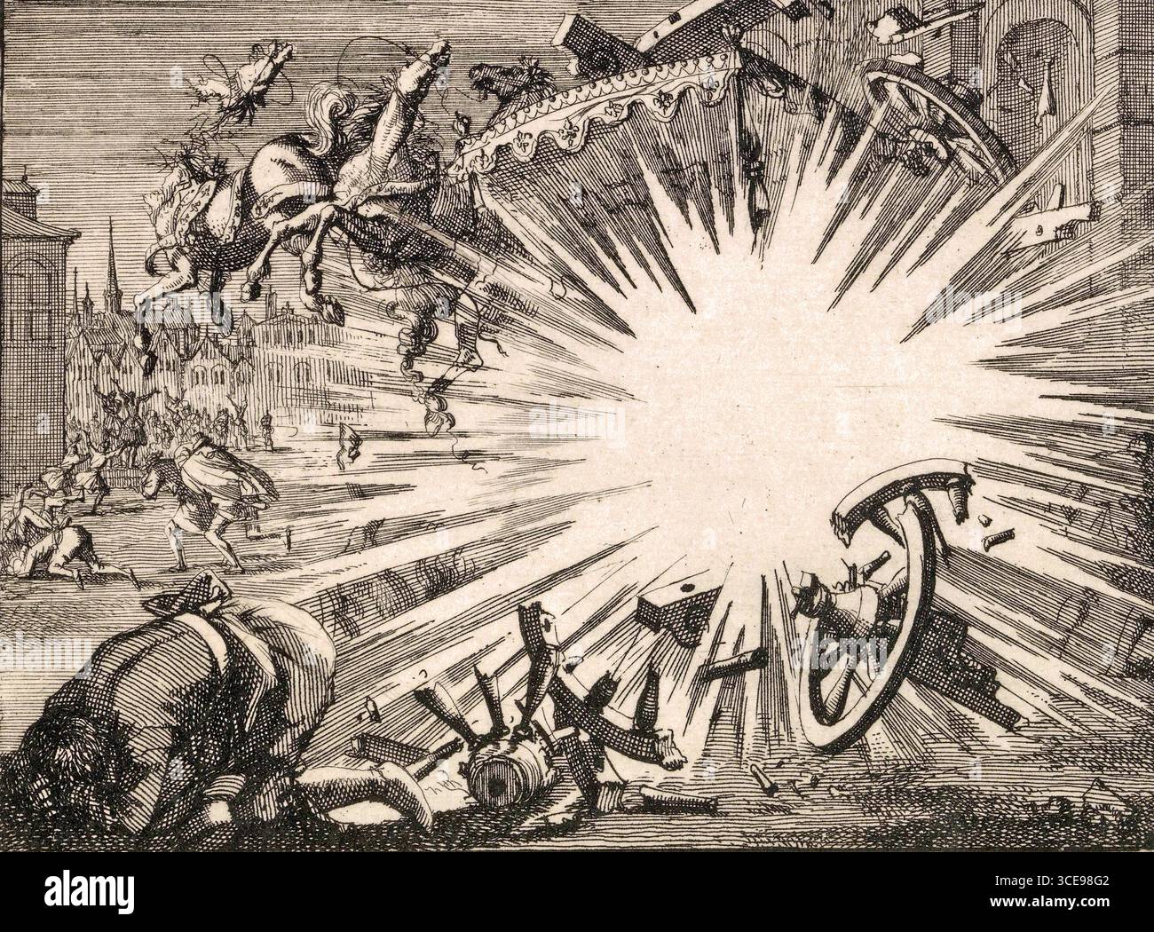 Kutsche und Pferde von König Ludwig XIII. Zerstört durch die Explosion einer höllischen Maschine, ca. 1625 / von Jan Luyken 1698 Stockfoto