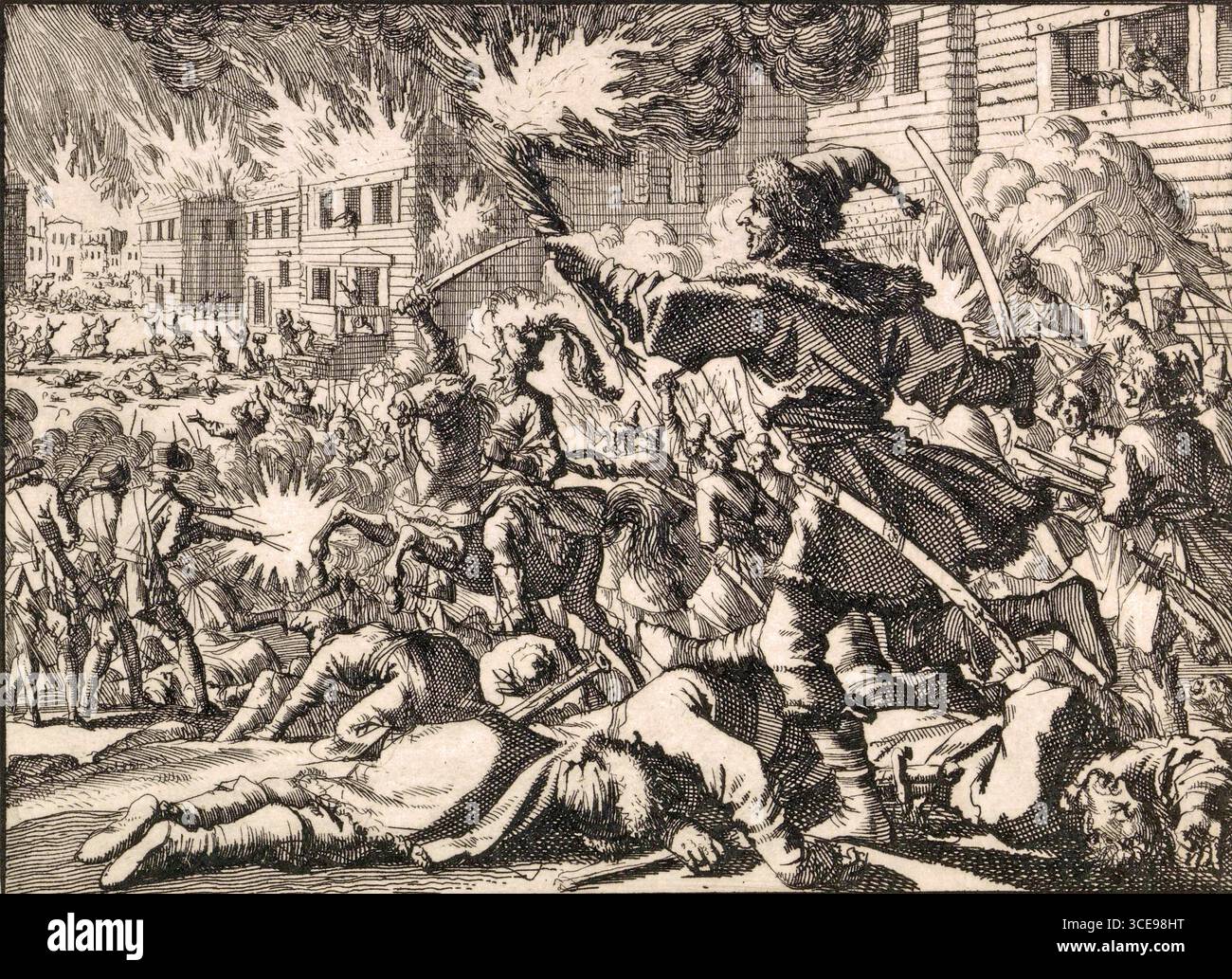 Schlacht der Russen und Polaken in Moskau, in der die Stadt weitgehend auf Asche reduziert wird, 1611 durch Jan Luyken im Jahr 1698 Stockfoto