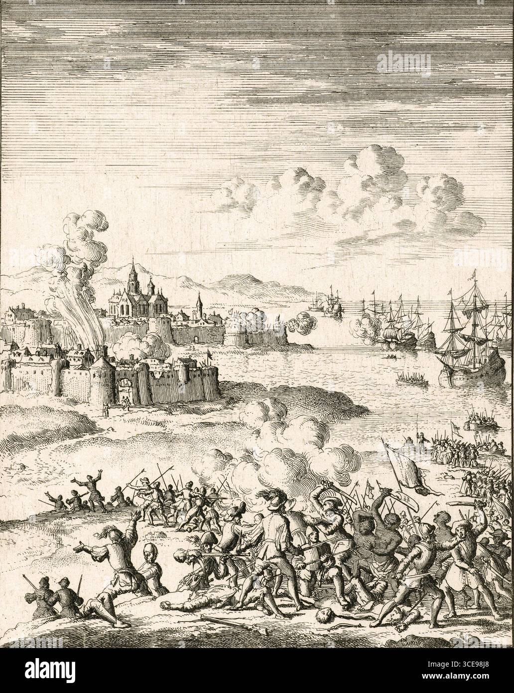 Melaka onder leiding van Cornelis Matelief de Jonge belegerd, 1606 Jan Luyken (auf dem Objekt erwähnt), 1683 Stockfoto