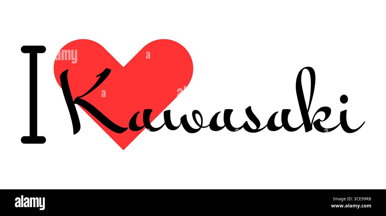 Ich liebe Kawasaki, die Stadt von Japan. Handgezeichnete Buchstaben mit rotem Herzen. Vektor-Illustration Schriftzug, modernes Design für Print T-Shirt, Banner, Poster, sti Stock Vektor