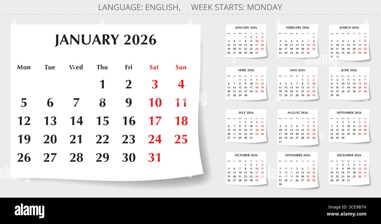 Kalender 2026. Vektorsammlung englischer monatlicher Seitenkalender. Mit Montag beginnen Stock Vektor