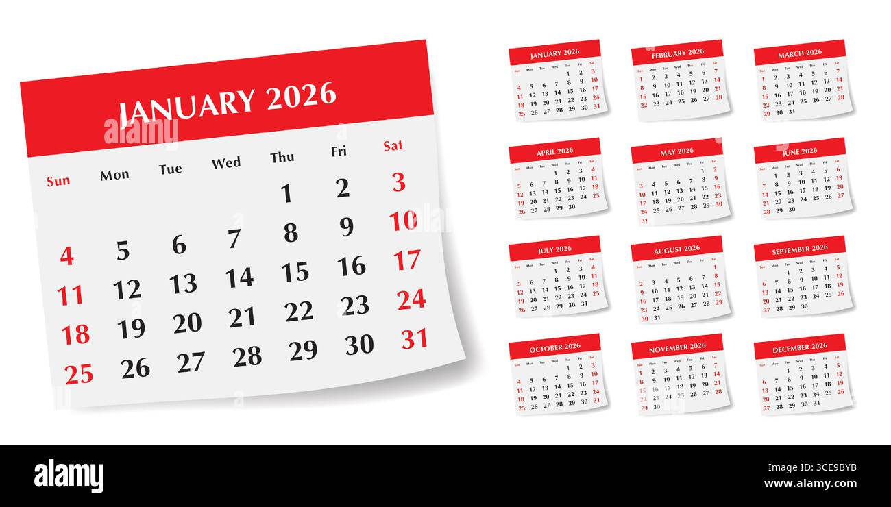 Kalender 2026. Eine Vektorsammlung englischer Monatskalender Seite mit Schatten mit 12 Monaten. Design mit Sonntagsstart Stock Vektor