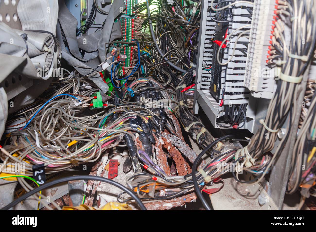 Mehrere angeschlossene Serverkabel in einem Verteilerkasten. Stockfoto
