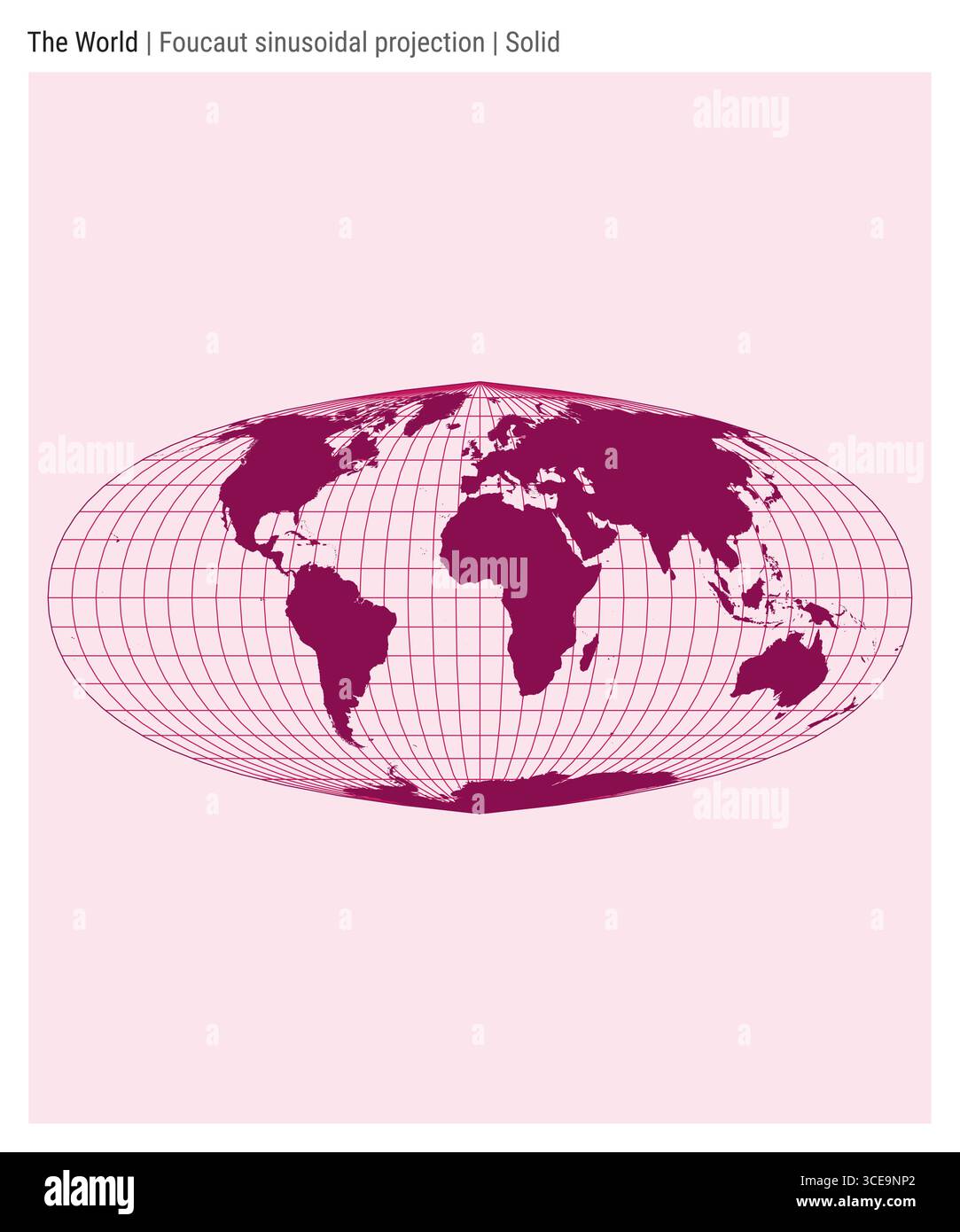 Weltkarte. Sinusprojektion nach Foucault. Solide Ausführung. Detaillierte Weltkarte für Infografiken, Schulungen, Berichte und Präsentationen. Stock Vektor