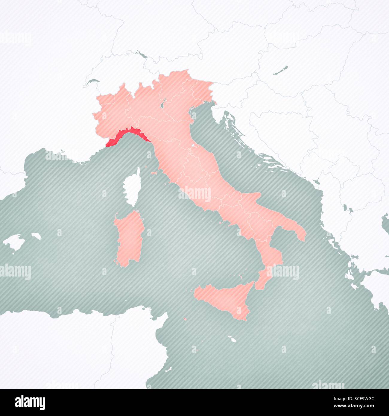 Ligurien auf der Karte von Italien mit weich gestreiftem Vintage-Hintergrund. Stockfoto