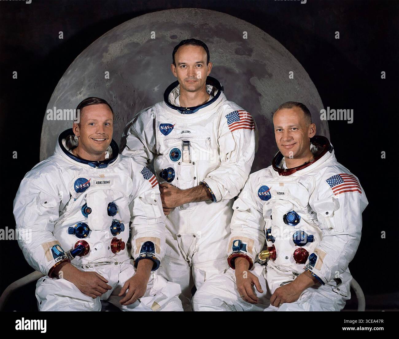 Besatzung der Mondlandungsmission APOLLO II von links: Neil Armstrong (Kommandant), Michael Collins (Kommandomodul Pilot) Edwin 'Buzz' Aldrin (Mondmodul Pilot)) am 13. April 1969. Foto: NASA Stockfoto