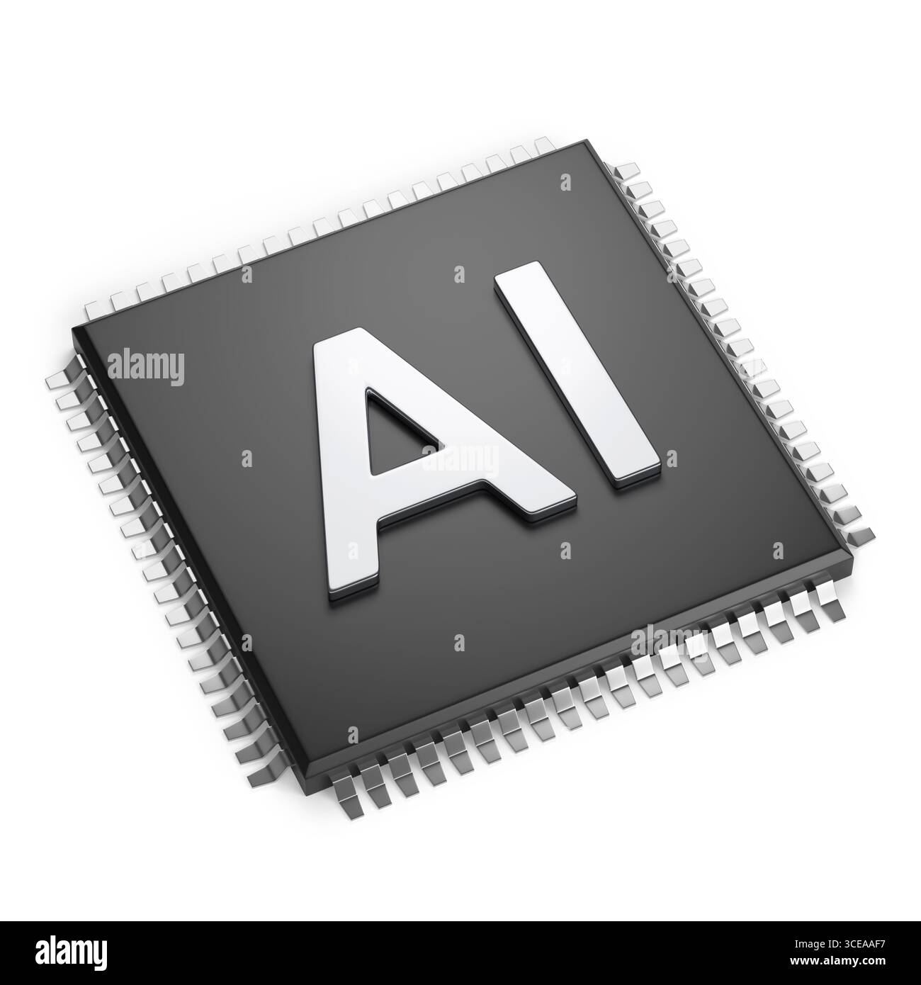Computerchip mit dem Akronym AI isoliert auf weißem Hintergrund. Das Konzept der künstlichen Intelligenz. 3D-Abbildung. Stockfoto
