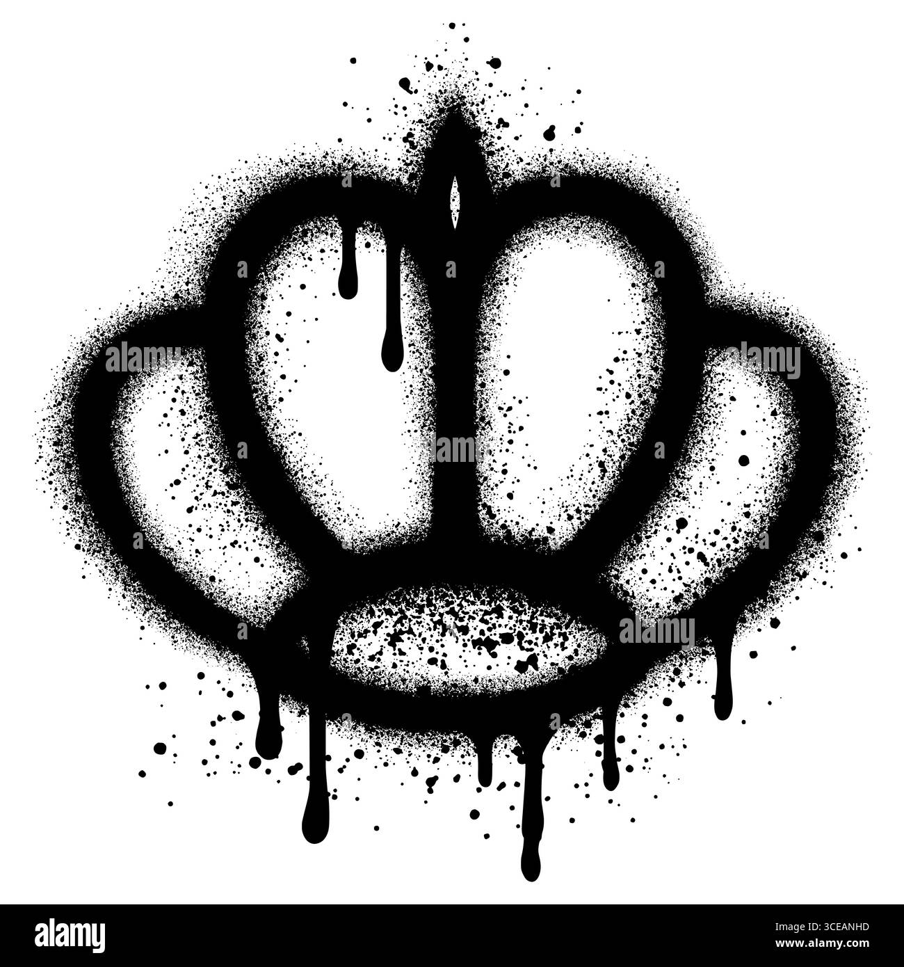 Gesprühte Krone mit Überspray in schwarz über weiß. Sprühkrone im Graffiti-Stil. Vektorabbildung. Stock Vektor