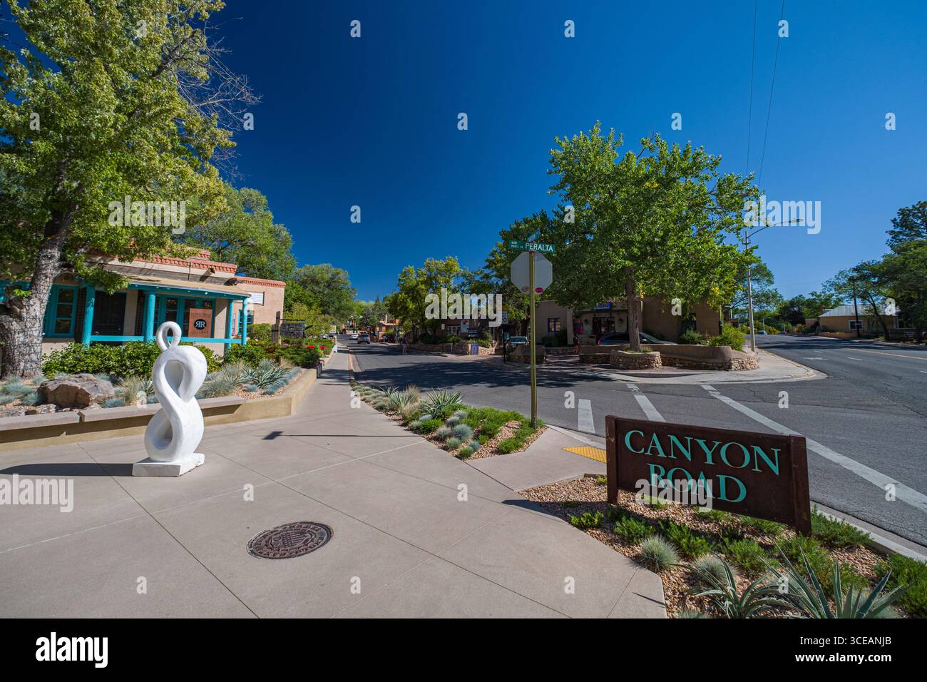 Metall Zeichen für Canyon Road, Santa Fe, Santa Fe County, New Mexico, USA Stockfoto