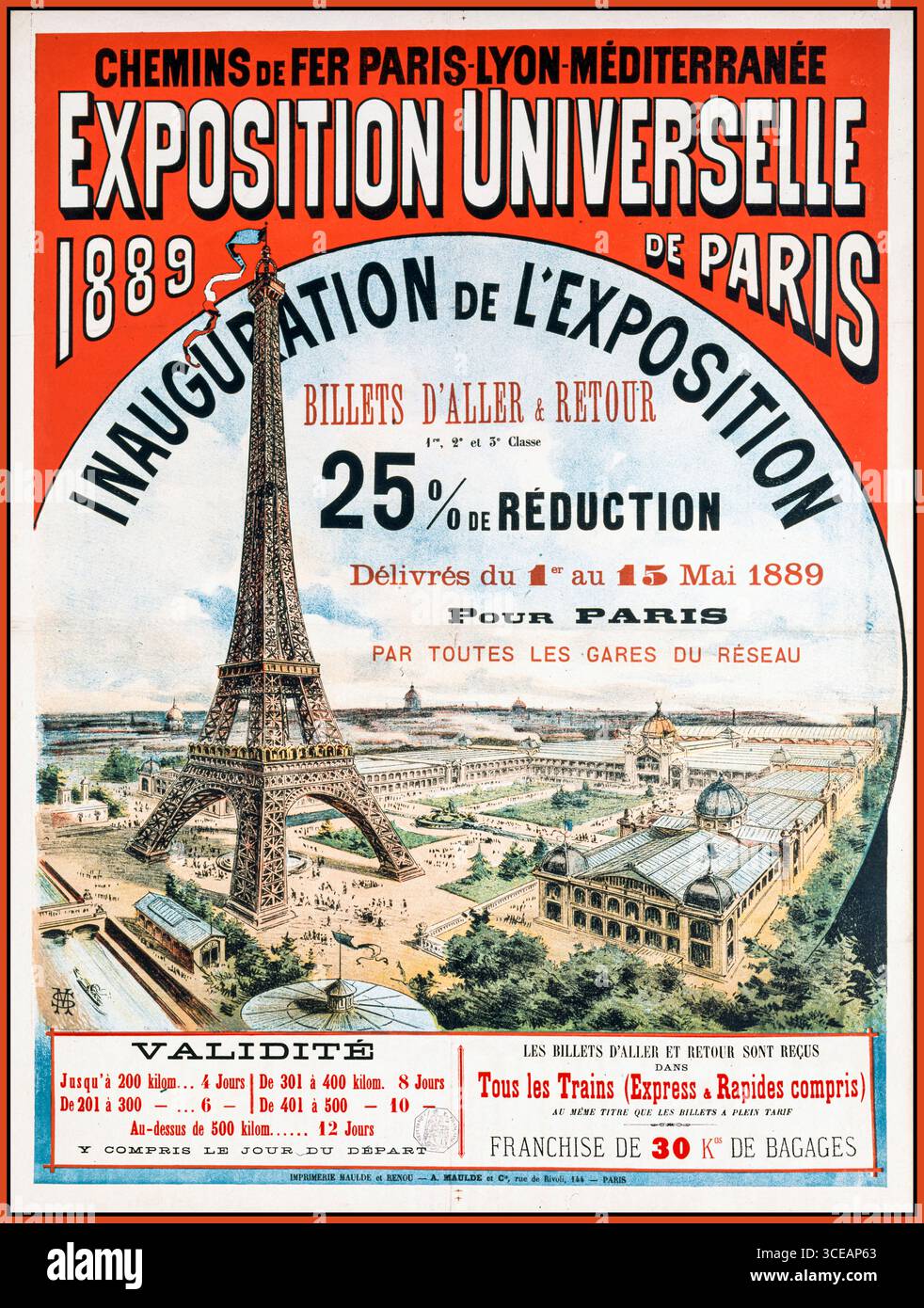 EXPOSITION UNIVERSELLE DE PARIS Vintage-Poster für die Ausstellung Universelle 1889 in Paris. Auf dem Poster wird eine Ermäßigung von 25 % auf hin- und Rückfahrkarten nach Paris angeboten, die vom 1. Mai bis 15. Mai 1889 gültig sind und von allen Bahnhöfen des Chemins de Fer Paris Lyon Méditerranée (PLM)-Netzes abfliegen. Sie markiert die Einweihung der Ausstellung und zeigt eine Illustration des Eiffelturms, der für genau diese Veranstaltung gebaut wurde. Inauguration de l'Exposition universelle de 1889. Chemins de fer Paris-Lyon-Méditerranée. Paris, Stockfoto