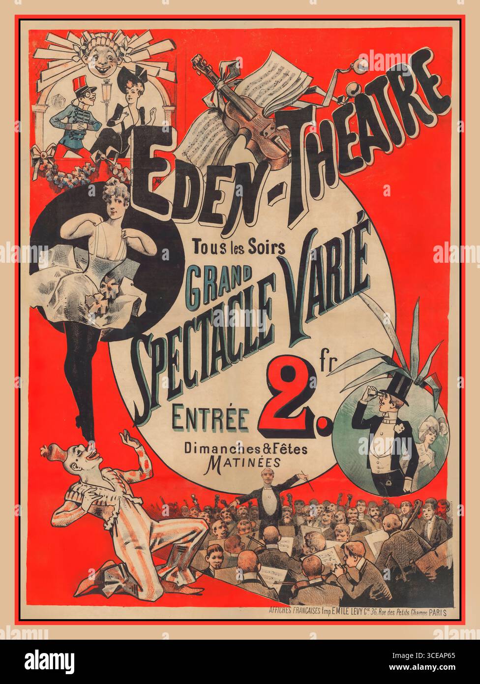 EDEN THEATRE Vintage 1889 Paris Entertainment Cabaret Poster Eden-Théâtre. Tous les soirs große Spektakel Varié... Cabarets Eden-Théâtre Paris Poster, 1889 – Emile Lévy Lithograph for Spectacles & Entertainment, Belle Epoque Cabaret and Theatre Eden-Théâtre (Paris) Spectacles et Divertissements Divers Affiche Langue : französischer Editeur Emile Lévy (Paris) Datum 1889 Stockfoto