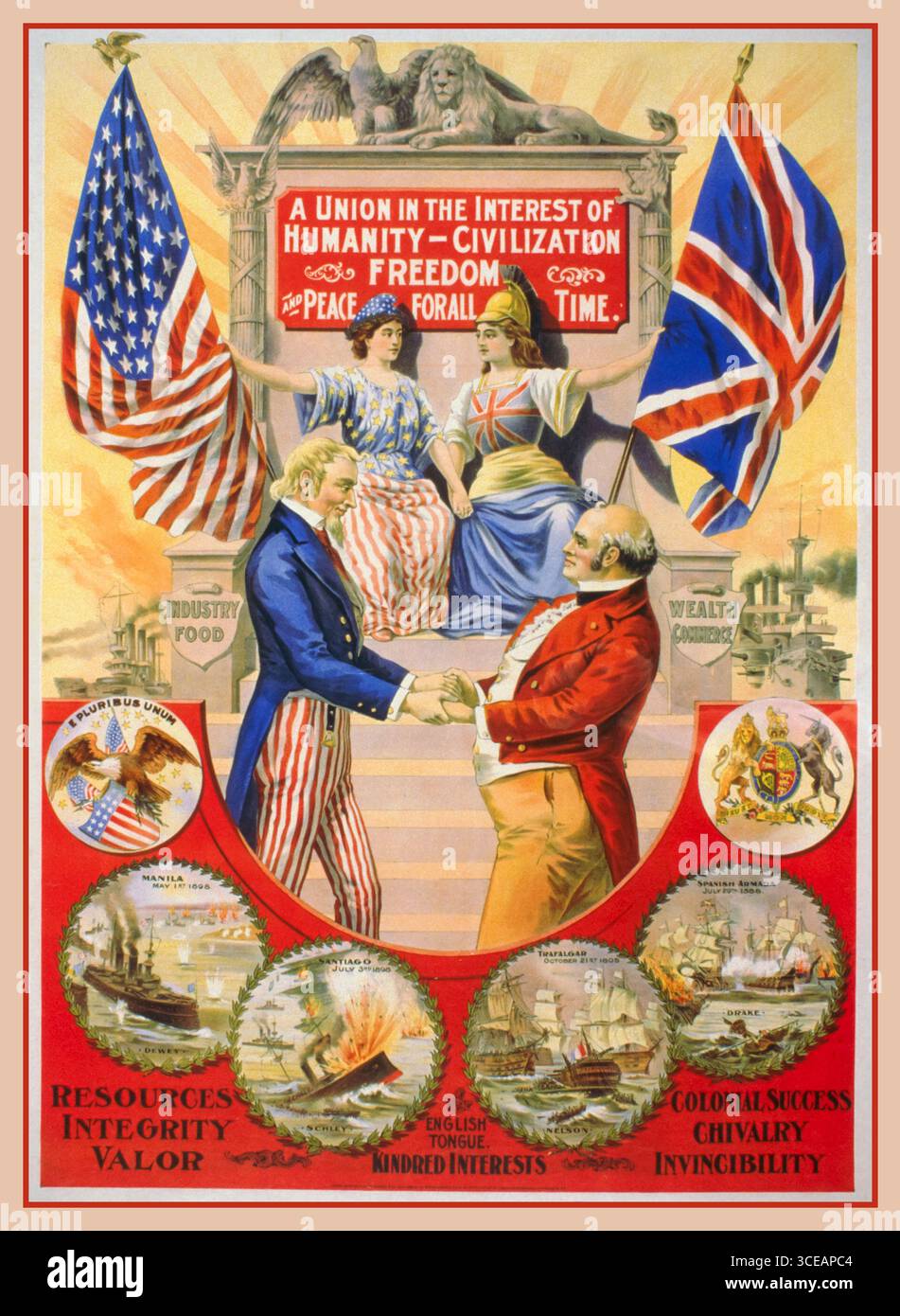 Vintage UK USA union Collaboration Poster für die Förderung der United States and Great Britain Industrial Exposition im späten 19. Jahrhundert (1899–1900). Zeigt Columbia und Britannia im Hintergrund mit Fahnen (unter dem Adler und dem Löwen) und Onkel Sam und John Bull im Vordergrund, die die Hände halten. Eine Union im Interesse der Menschheit -- Zivilisation Freiheit -- und Frieden für alle Zeiten Industrie Reichtum Lebensmittel Handel Ressourcen Integrität Tapferkeit englische Zunge Kindred Interessen Kolonialerfolg Ritterlichkeit Unbesiegbarkeit in den Roundels nahe dem Boden, jüngere amerikanische Marinesiege. Stockfoto