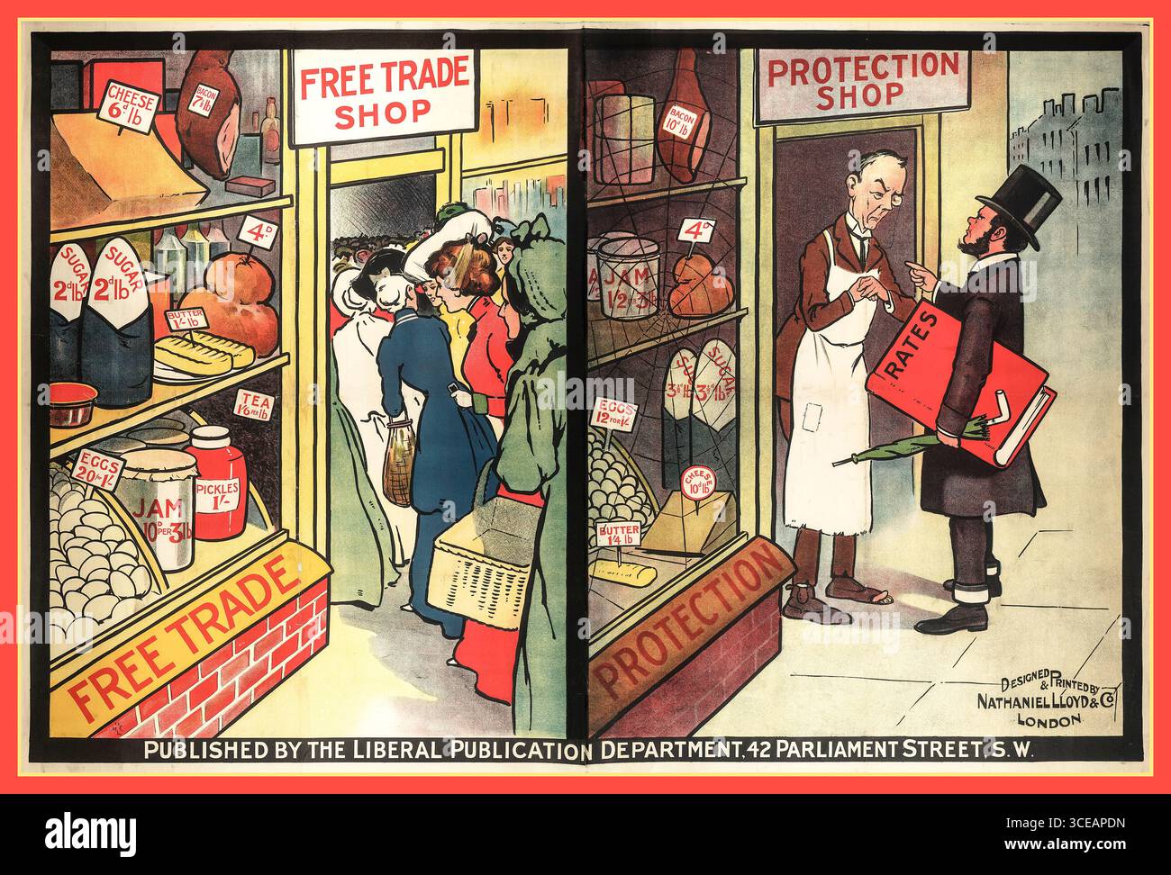Ein Plakat der Liberalen Partei der 1900er Jahre, in dem die Unterschiede zwischen einer auf Freihandel und Protektionismus beruhenden Wirtschaft deutlich dargestellt werden. Der Freihandelsladen ist aufgrund seiner niedrigen Preise voll von Kunden, während der auf Protektionismus beruhende Shop unter hohen Preisen und mangelnden Gewohnheiten gelitten hat. Drucker: Nathaniel Lloyd und Unternehmen Produktionsort: London Datum: C1905-c1910 Stockfoto Ein Plakat der Liberalen Partei der 1900er Jahre, in dem die Unterschiede zwischen einer auf Freihandel und Protektionismus beruhenden Wirtschaft deutlich dargestellt werden. Der Freihandelsladen ist aufgrund seiner niedrigen Preise voll von Kunden, während der auf Protektionismus beruhende Shop unter hohen Preisen und mangelnden Gewohnheiten gelitten hat. Drucker: Nathaniel Lloyd und Unternehmen Produktionsort: London Datum: C1905-c1910 Stockfoto