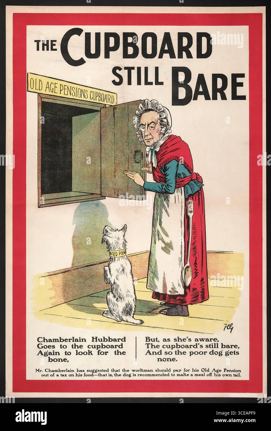 BRITISCHES PENSIONS-satirisches BRITISCHES Pensions-Cartoon-politisches Poster mit dem Kinderreim „Old Mother Hubbard“, in dem Chamberlain als alte Dame gekleidet zeigt, wie sie den „Old Age Pensions Schrank“ für ihren Hund namens „Aged Poor“ öffnet. Satirische Version des Kinderreims unter dem Bild und erläuternder Text unter dem Kinderreim kommentiert Chamberlains Vorschlag, dass der Arbeiter seine Altersrente aus einer Steuer auf sein Essen bezahlen sollte.“ der satirische Vers und der erläuternde Text kritisieren Chamberlains Vorschlag, dass die arbeitenden Männer ihre Altersrente durch eine Steuer auf Lebensmittel bezahlen sollten. Ca. 1907 - 1908) Stockfoto BRITISCHES PENSIONS-satirisches BRITISCHES Pensions-Cartoon-politisches Poster mit dem Kinderreim „Old Mother Hubbard“, in dem Chamberlain als alte Dame gekleidet zeigt, wie sie den „Old Age Pensions Schrank“ für ihren Hund namens „Aged Poor“ öffnet. Satirische Version des Kinderreims unter dem Bild und erläuternder Text unter dem Kinderreim kommentiert Chamberlains Vorschlag, dass der Arbeiter seine Altersrente aus einer Steuer auf sein Essen bezahlen sollte.“ der satirische Vers und der erläuternde Text kritisieren Chamberlains Vorschlag, dass die arbeitenden Männer ihre Altersrente durch eine Steuer auf Lebensmittel bezahlen sollten. Ca. 1907 - 1908) Stockfoto