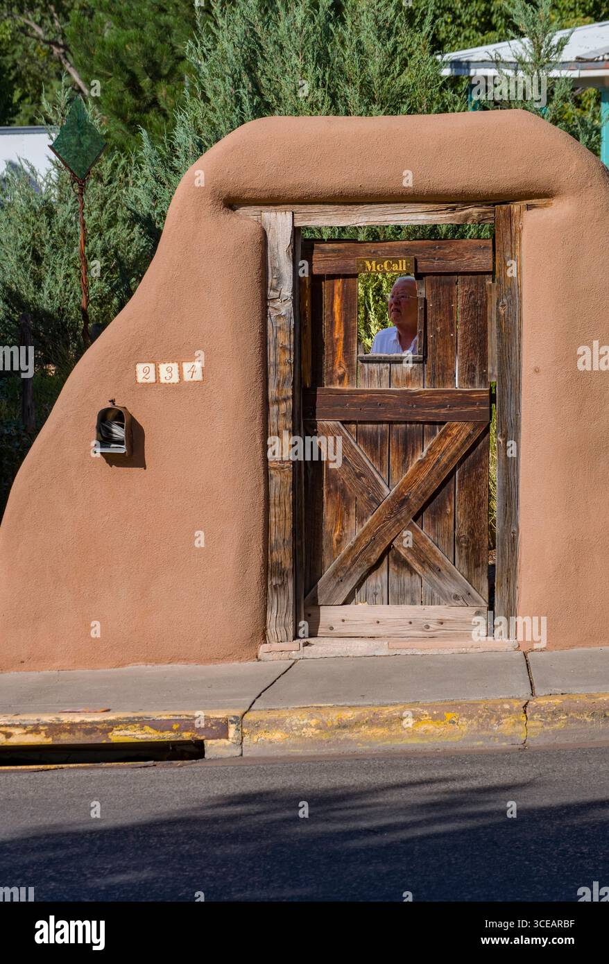 Verwittertes Holz Tür in Adobe Wall, Garcia Street, Santa Fe, Santa Fe County, New Mexico, USA Stockfoto