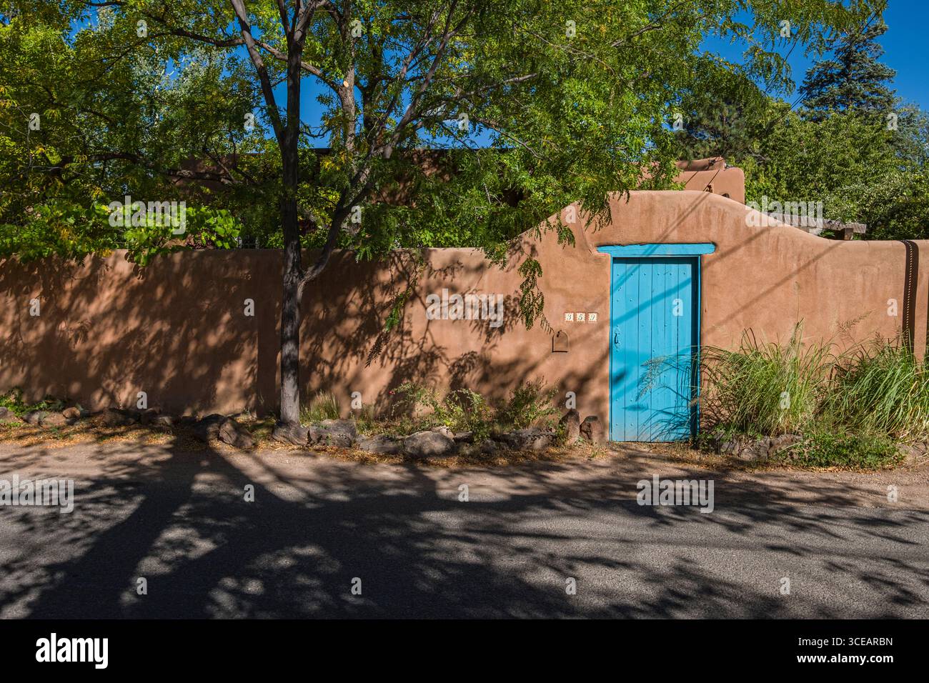 Blau Holz Tür in Adobe Mauer, Garcia Street, Santa Fe, Santa Fe County, New Mexico, USA Stockfoto