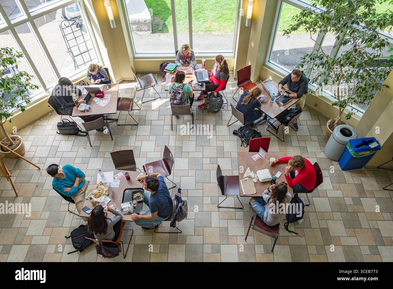 Studenten sitzen an Tischen studieren und Essen im Rubin Campus Food Court auf der ersten Etage des Rubin Campus Center auf dem Campus der Wor Stockfoto