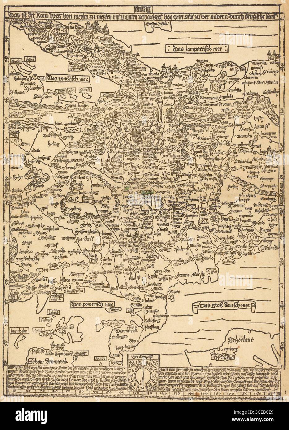 Road Map of Central Europe, ca. 1500 – Ein detaillierter Holzschnitt des deutschen Künstlers Erhard Etzlaub, der eine frühe Straßenkarte Mitteleuropas mit Städten, Flüssen, Meeren und Gebirgszügen in gotischer Schrift darstellt. Stockfoto