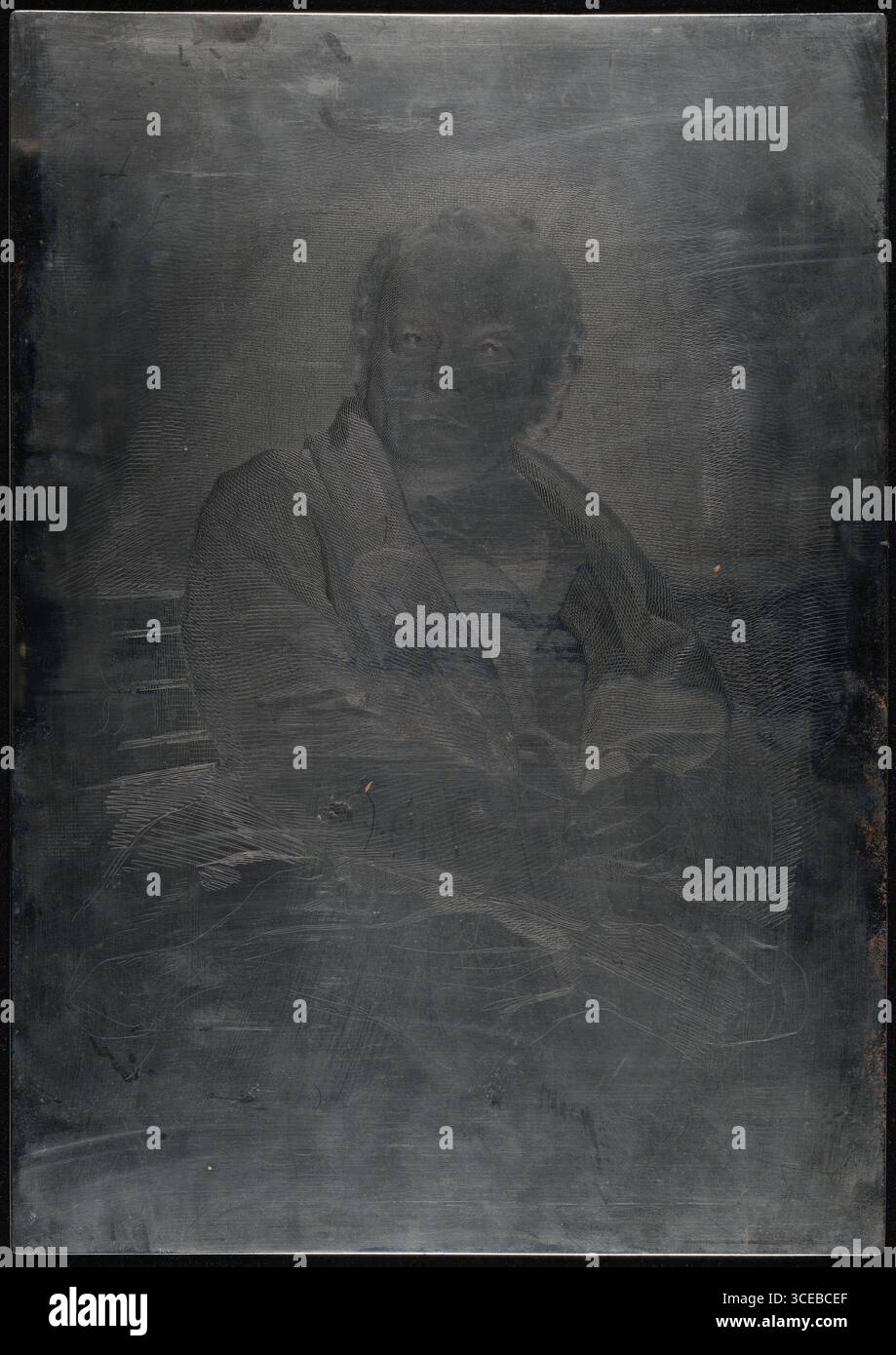 Gravierte Porträtplatte von William Blake von Luigi Schiavonetti nach Thomas Phillips, 1808–1813. Originale Metalltafel mit dem visionären englischen Dichter, Maler und Druckmacher William Blake, die Anfang des 19. Jahrhunderts geschaffen wurde. Stockfoto