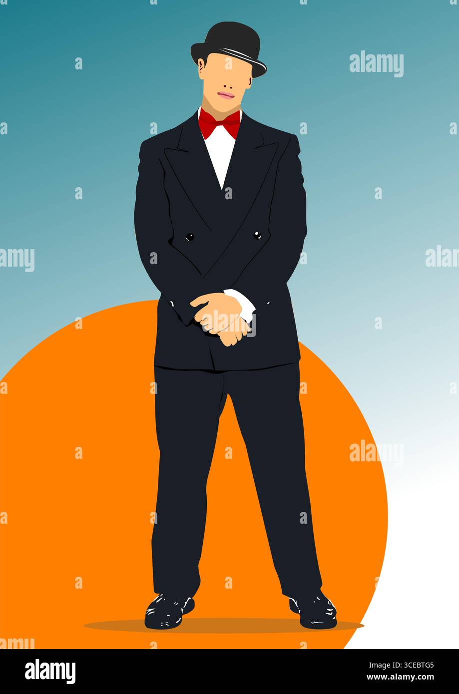Vintage Gentleman trägt Top Hut isoliert auf weißem Hintergrund. 3D-Farbe Hand gezeichnete Vektorillustration Stock Vektor