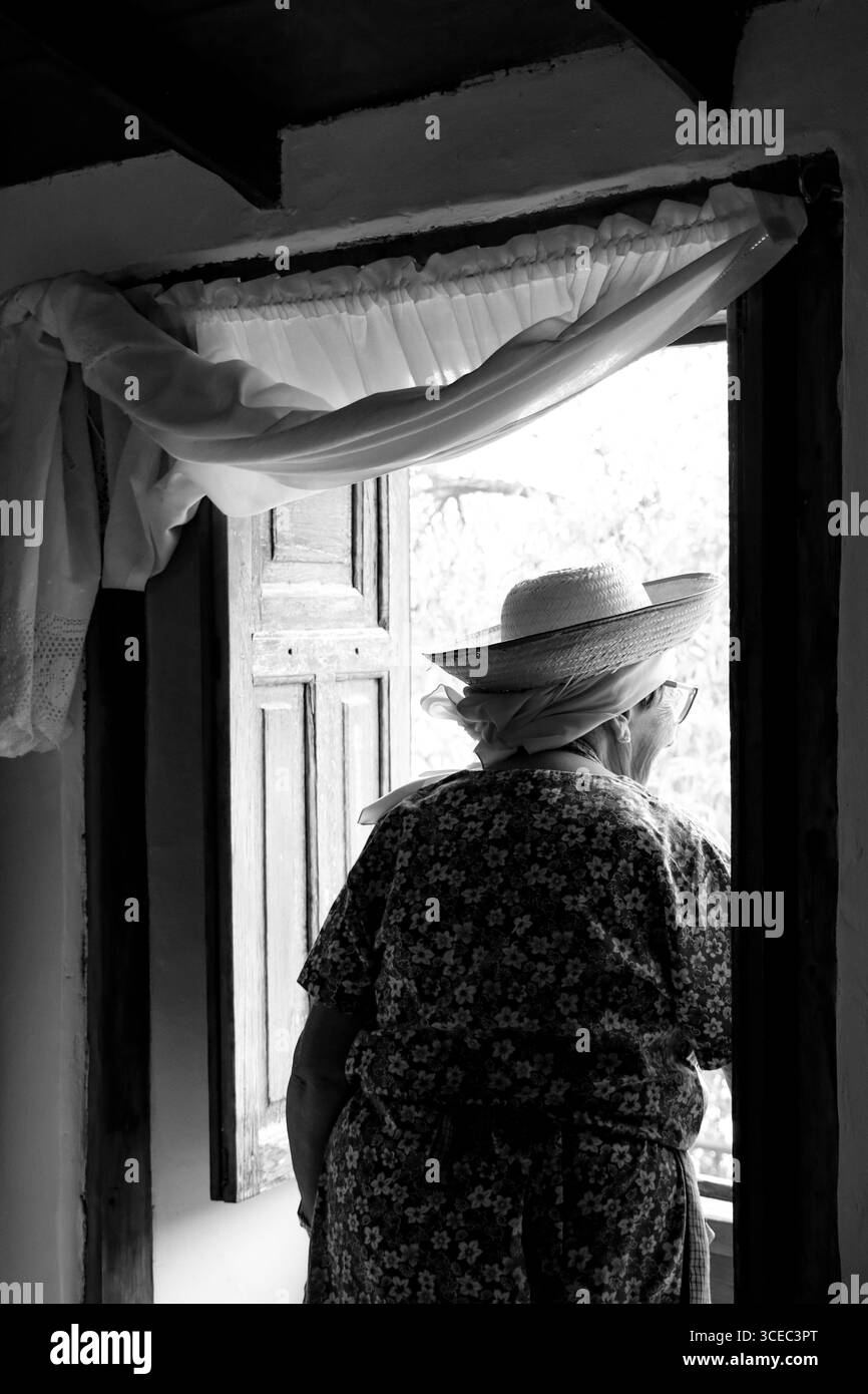 Frau mit dem Rücken, der aus einem alten Holzfenster blickt, Schwarzweiß-Foto. Stockfoto