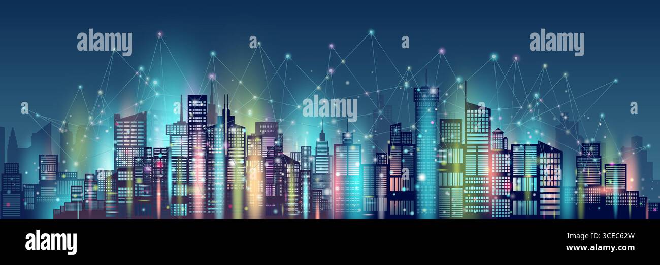 Technologie drahtlose Netzwerkkommunikation Smart City und Netzwerktechnologie im Downtown Wolkenkratzer auf blauem Hintergrund, moderne Smart City und Architekt Stock Vektor
